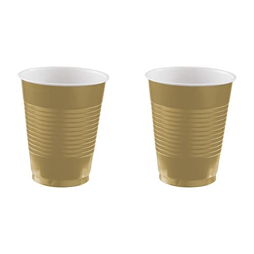 Amscan 18 oz Gold Plastic Cups - Bulk Pack of 100 (50 Count x 2) for Parties, Weddings, Events & Celebrations - Disposable Drinkware for Beverages, Cocktails & Punch