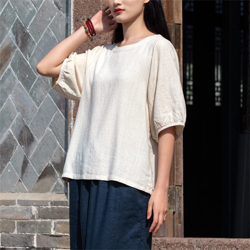 Shanghai Story Women's Vintage O-Neck Blouse - Cotton Linen Half Sleeve Chinese Style T-Shirt Top for Casual Wear, Office & Summer Outfits