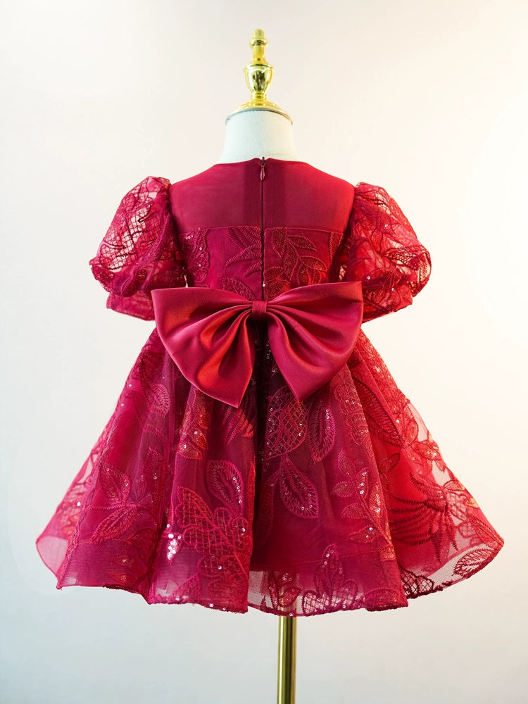 Burgundy Princess Round Tea Length Lace Flower Girl Dress for Weddings, Bridal Parties & Special Occasions