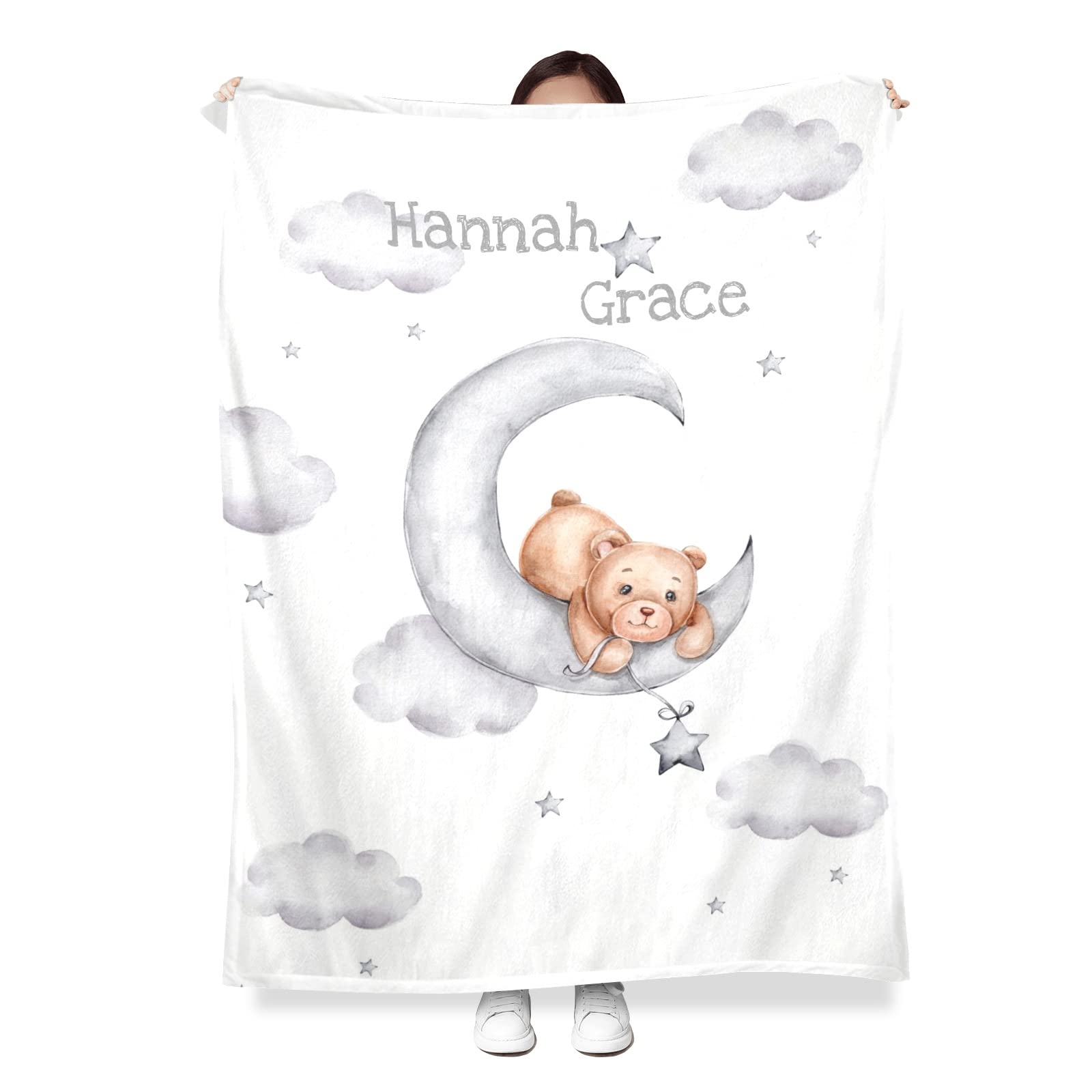 Personalized Baby Blanket with Soft Teddy Bears, Moon & Stars - Custom Name Blanket for Baby Shower, Nursery, Toddler Bed, Stroller & Crib - 30x40 Inch Cozy Blanket for Newborns, Infants & Kids Gift