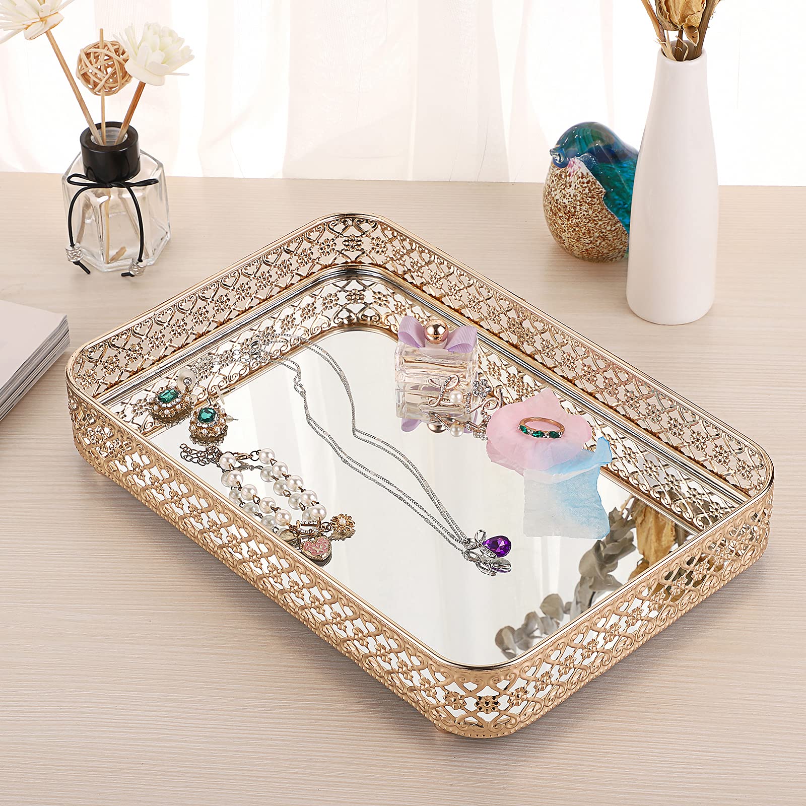 ELLDOO Gold Vanity Tray for Jewelry & Makeup - Hollow-Carved Glass & Metal Organizer with Mirror, Dresser & Bathroom Countertop Storage (Medium Size) - Perfect for Displaying Perfume Bottles, Rings & Cosmetics