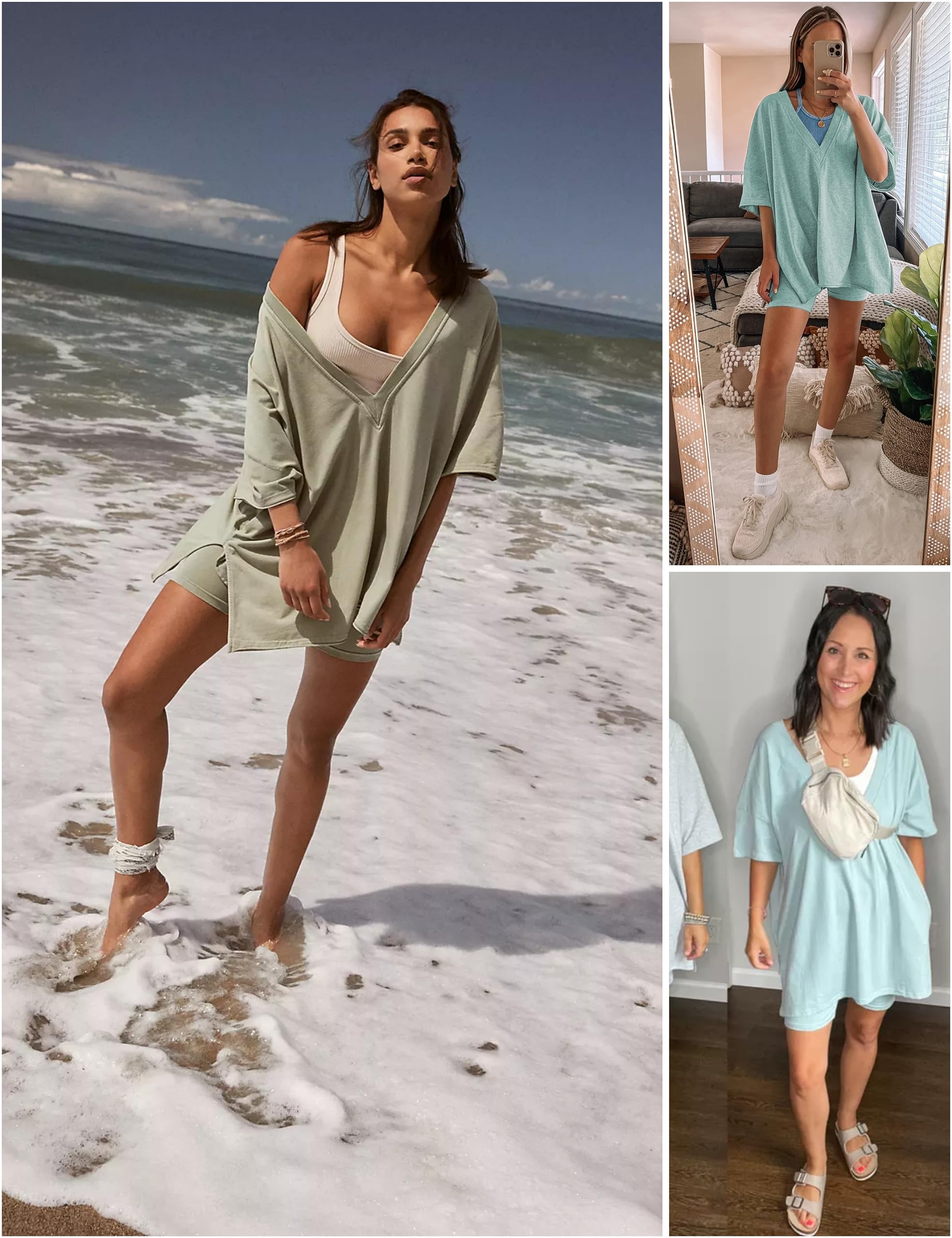 Women's 2-Piece Summer Outfit Set - Oversized V-Neck T-Shirt & Biker Shorts Matching Workout Clothes | Gym, Yoga, Running & Casual Wear