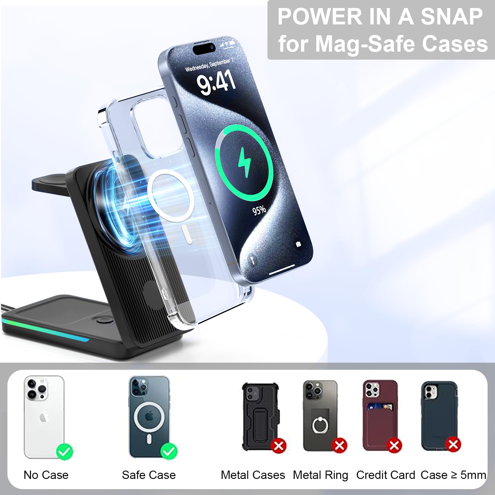 3-in-1 Magnetic Wireless Charging Station for iPhone 16 Pro Max/15/14/13/12, Apple Watch & AirPods - Foldable Fast Charger Stand for Bedside, Office & Travel | Qi-Certified Multi-Device Charging Pad