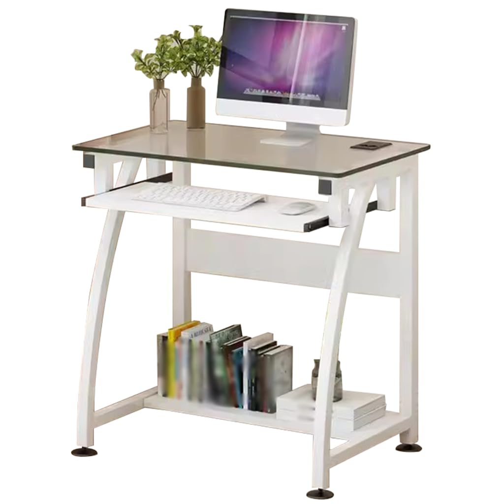 Modern White Computer Desk with Storage Shelves - 60x40x75cm Tempered Glass Study Desk for Home Office, Bedroom & Small Spaces - Easy Assembly & Minimalist Design