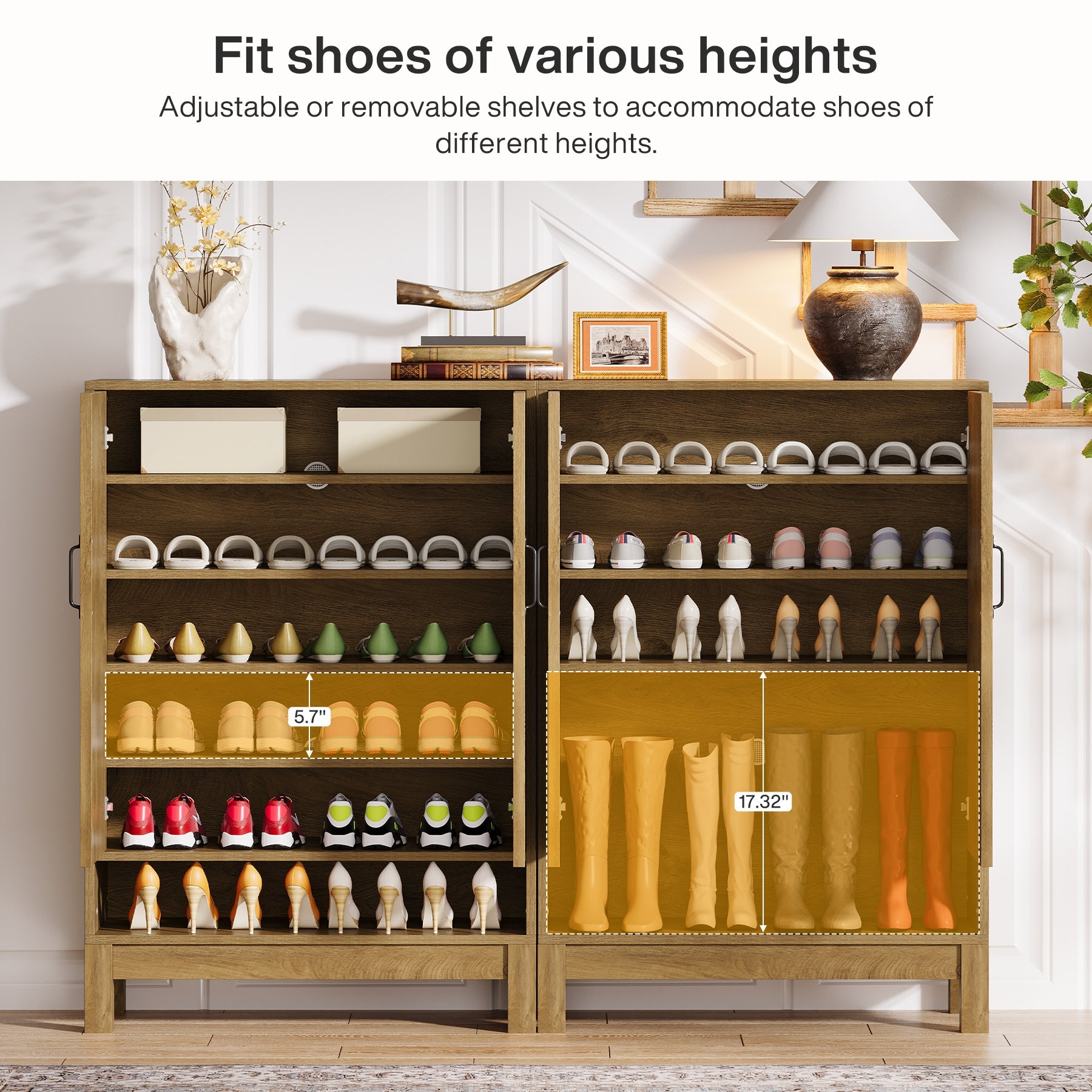 6 Tier Shoe Cabinet Organizer - Farmhouse Style Adjustable Shoe Storage Rack for Entryway, Closet & Mudroom - Space Saving Shoe Shelf for Boots, Sneakers & Heels