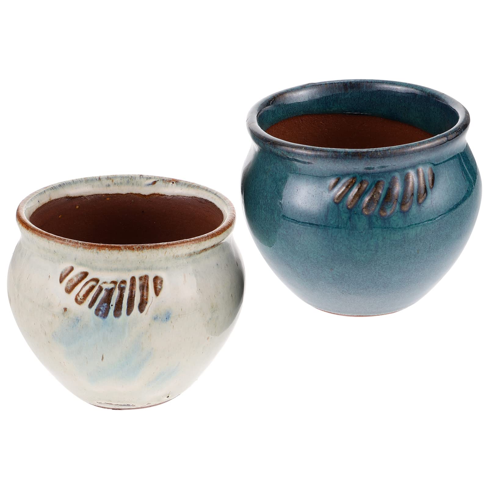 Ceramic Succulent Planter Pots - 2 Pack Indoor/Outdoor Flower Plant Pots for Cactus, Herbs & Small Plants - Decorative Garden Bowl Containers for Home, Office & Patio Decor