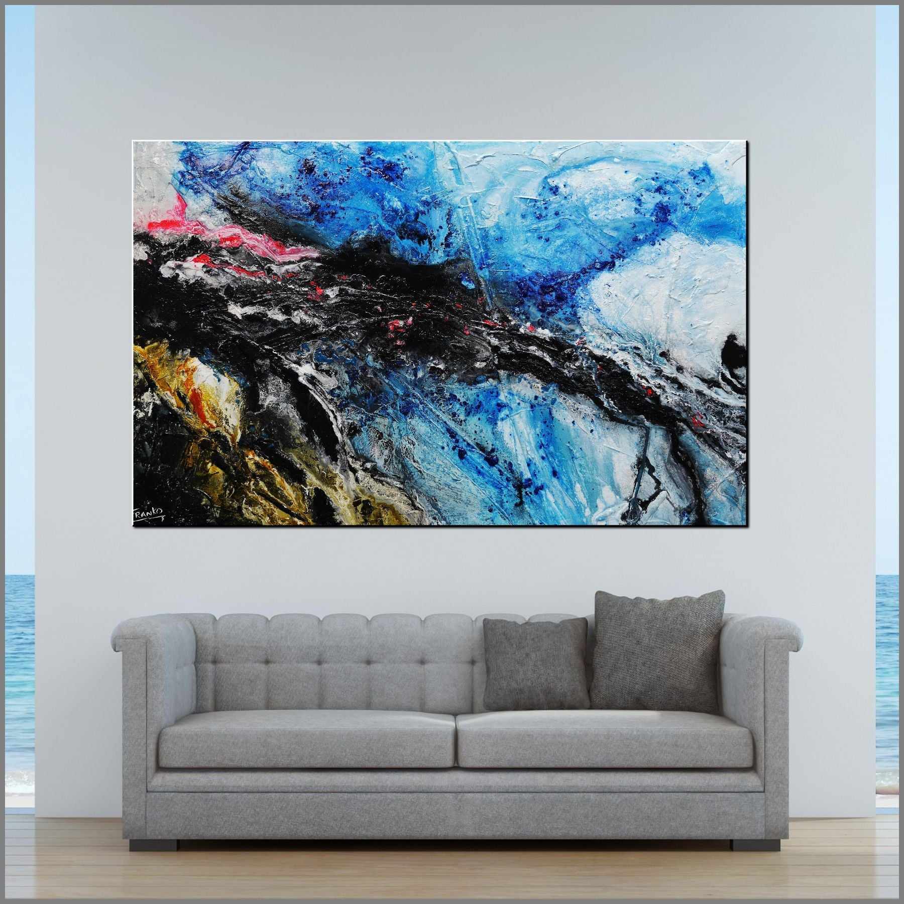 160cm x 100cm Blue Yellow Pink Black Textured Abstract Jellyfish Painting - Modern Wall Art for Living Room, Bedroom & Office Decor
