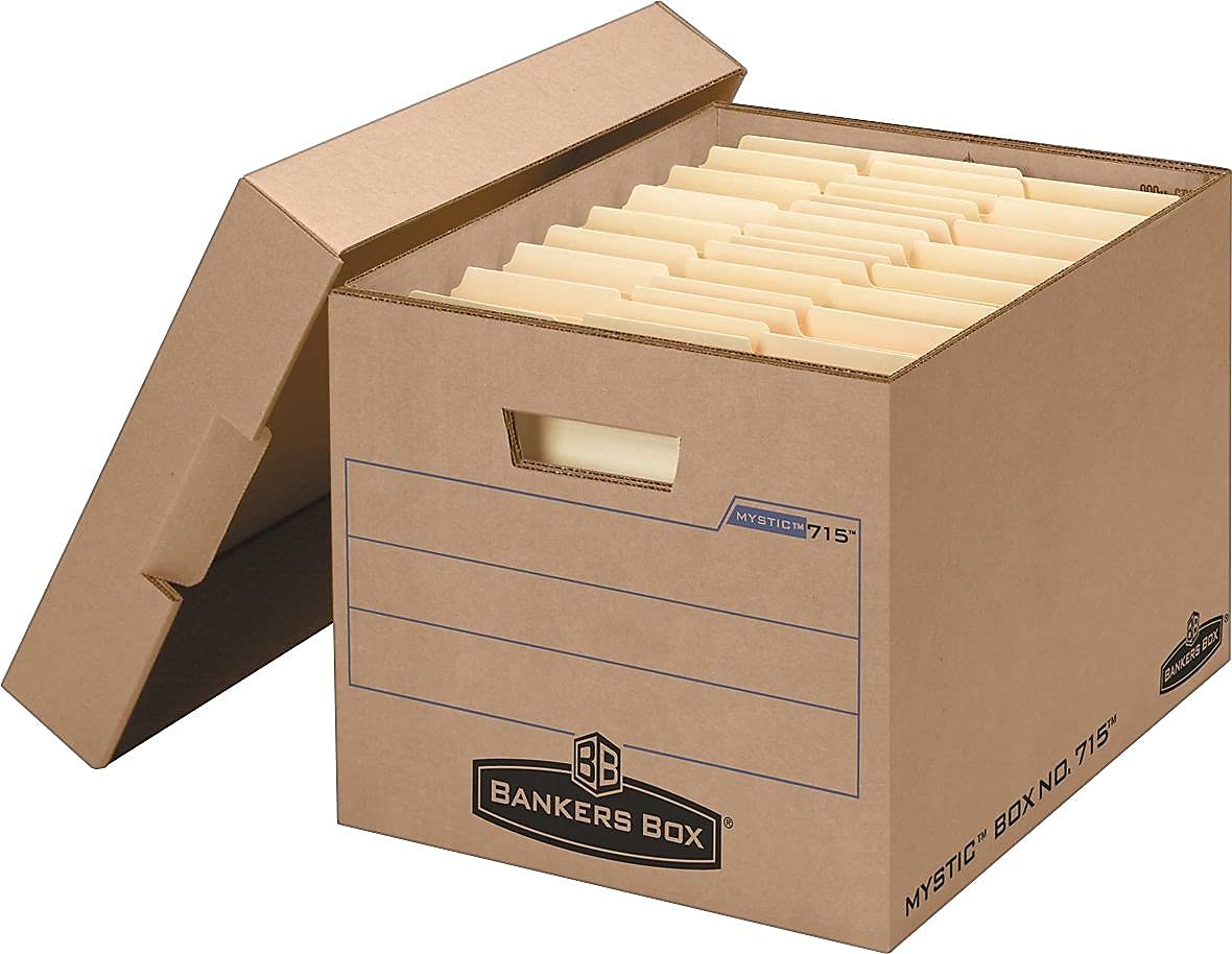 Bankers Box 7150001 Secure File Storage Box with Locking Lid - Letter/Legal Size, Kraft Brown, 25-Pack - Ideal for Office Document Organization & Home Filing Systems
