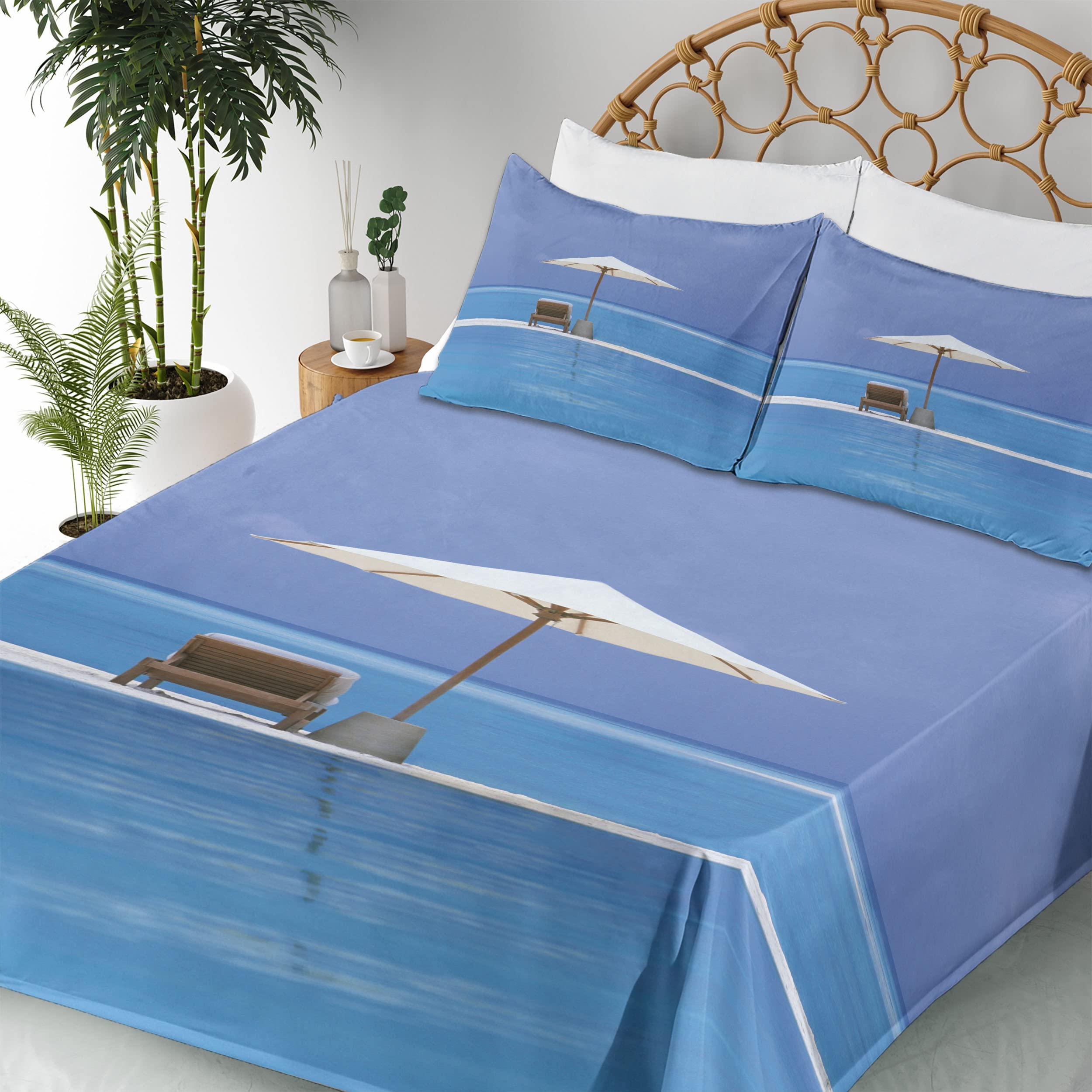 Ambesonne 4-Piece King Size Seaside Sheet Set - Ocean Seascape with Beach Chairs & Umbrella Design, Blue & Beige Bedding Set Includes Fitted Sheet, Flat Sheet & 2 Pillowcases | Perfect for Beach-Themed Bedrooms, Coastal Decor & Vacation Homes