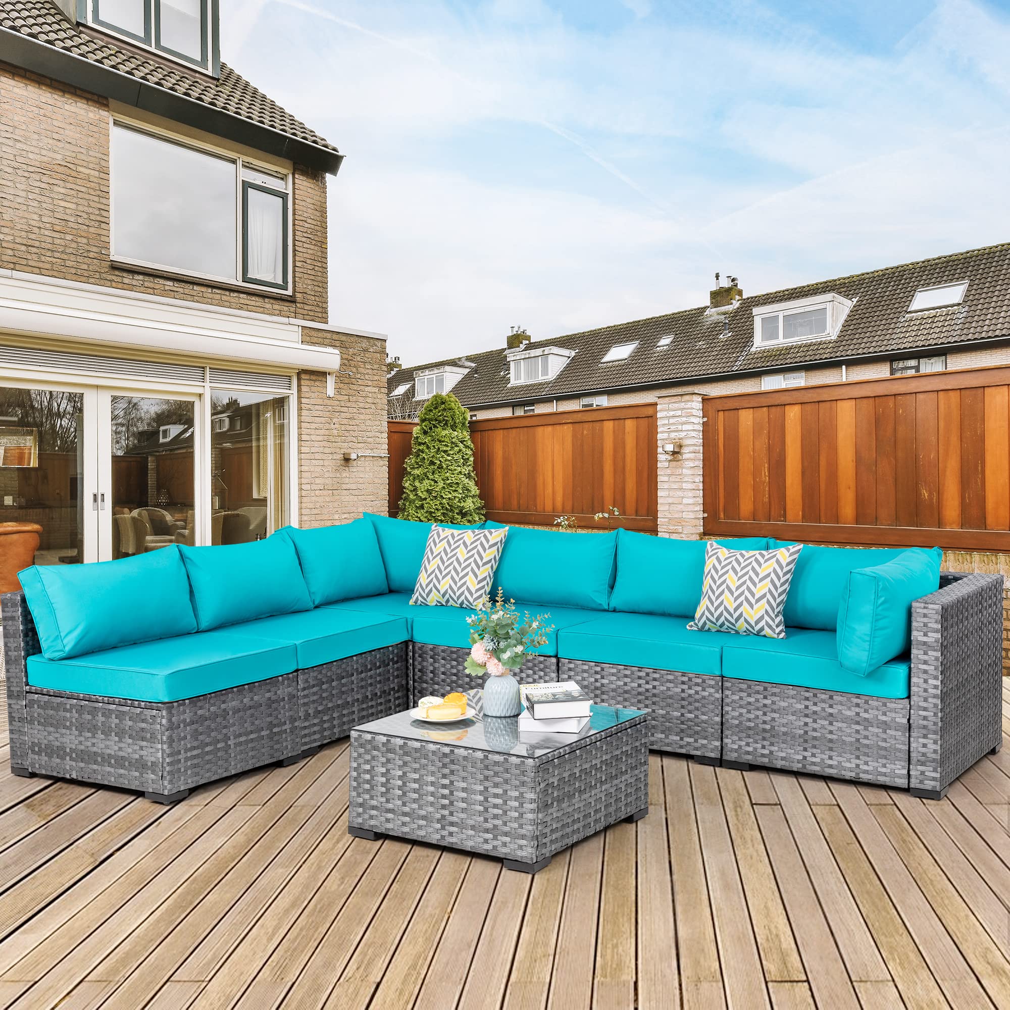 JAMFLY 7-Piece Wicker Patio Furniture Set, Outdoor Rattan Sofa Conversation Set with Washable Cushions & Glass Coffee Table - Light Blue - Perfect for Garden, Backyard, Poolside & Porch Relaxation