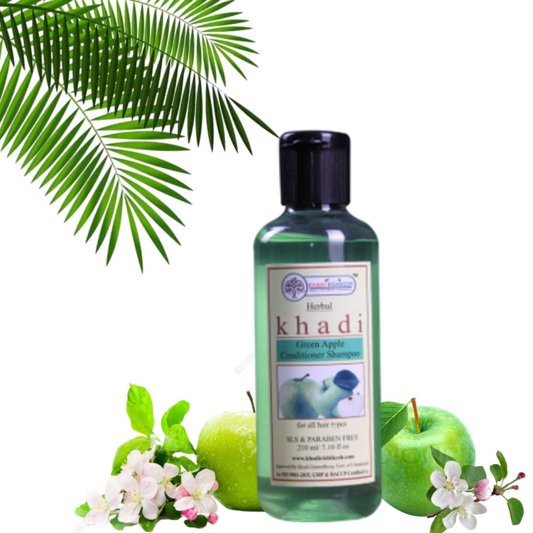 Khadi Rishikesh Ayurvedic Green Apple Shampoo & Conditioner - Dandruff Control for Long, Strong & Shiny Hair - Scalp Purification & Nourishment - Promotes Hair Growth - 210ml Paraben-Free for Women & Men - Includes Free Bath Loofah - Perfect for Daily Hair Care & Scalp Health