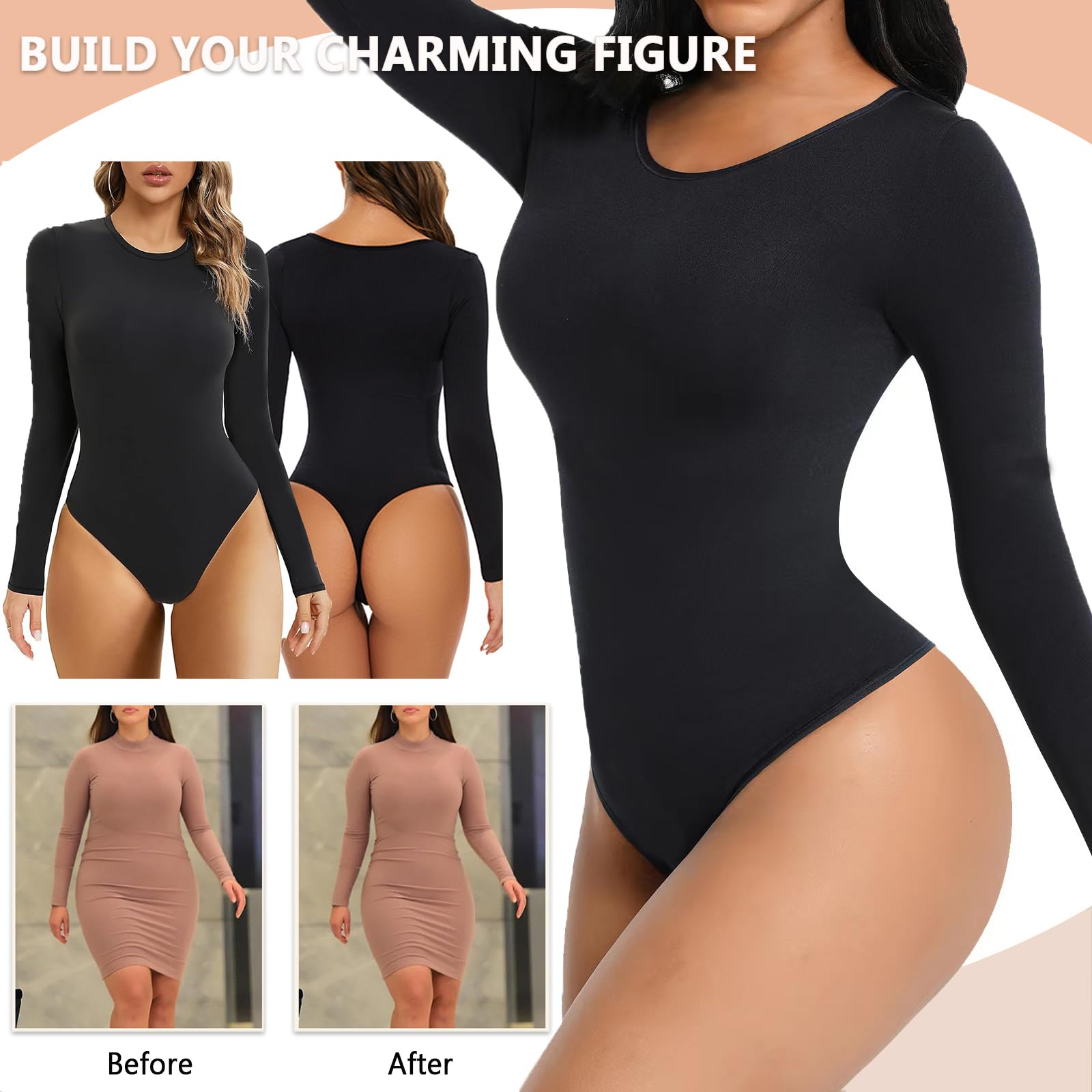 Women's Tummy Control Bodysuit - Seamless Round Neck Stretch Body Shaper Top for Slimming & Shapewear | Perfect for Layering, Everyday Wear & Special Occasions