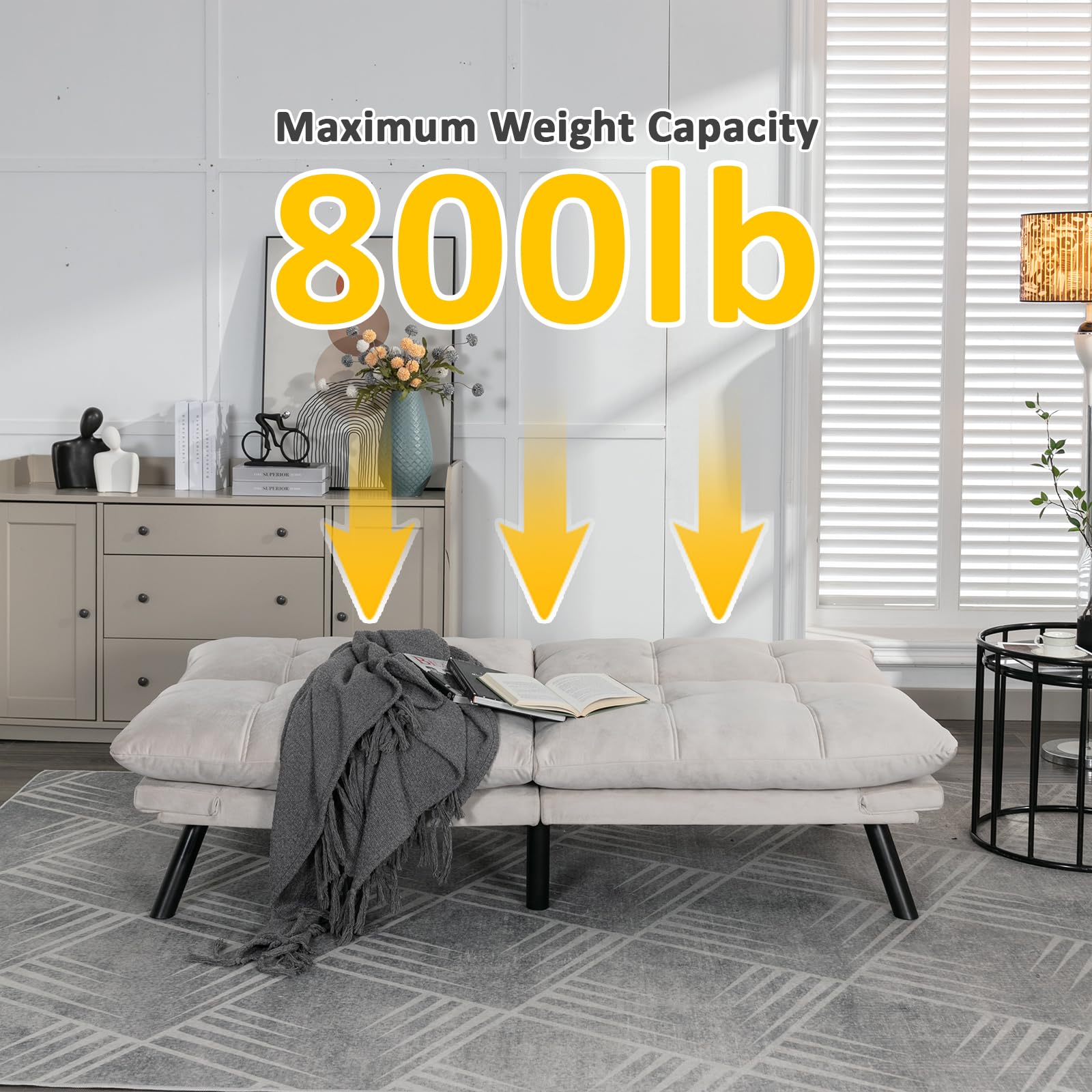 Adjustable Foldable Modern Leisure Memory Foam Futon Sofa Bed - Convertible Folding Reversible Bench Bed Chaise Lounge with Metal Legs - Cream Color for Living Room, Bedroom & Small Spaces - Perfect for Guests, Napping & Relaxation