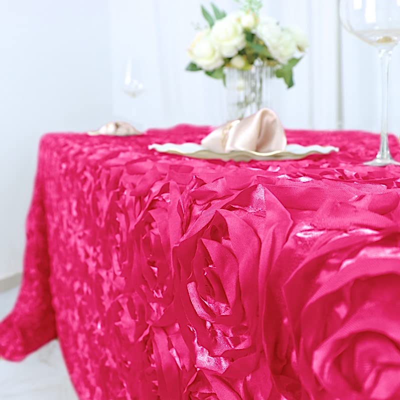 BalsaCircle 90x132 Inch Fuchsia Pink Satin Tablecloth with Raised Rosette Embroidery - Elegant Rectangle Table Cover for Wedding, Party, Banquet & Formal Dining Room Decor
