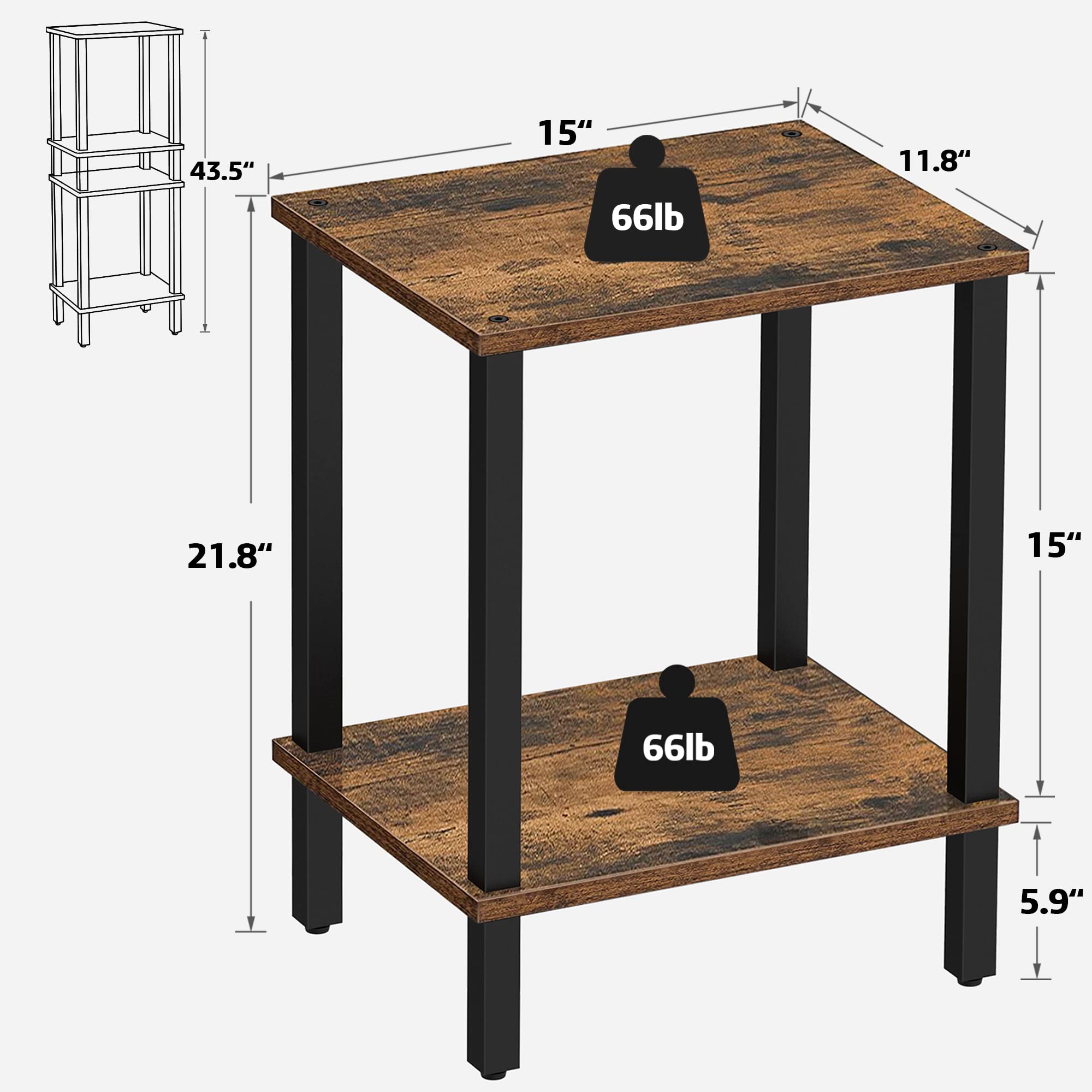 TUTOTAK 2-Tier End Table with Storage Shelf - Compact Side Table & Nightstand for Small Spaces - Perfect for Living Room, Bedroom, Dorm (Model TB01BB034) - Ideal for Holding Lamps, Books, and Bedside Essentials