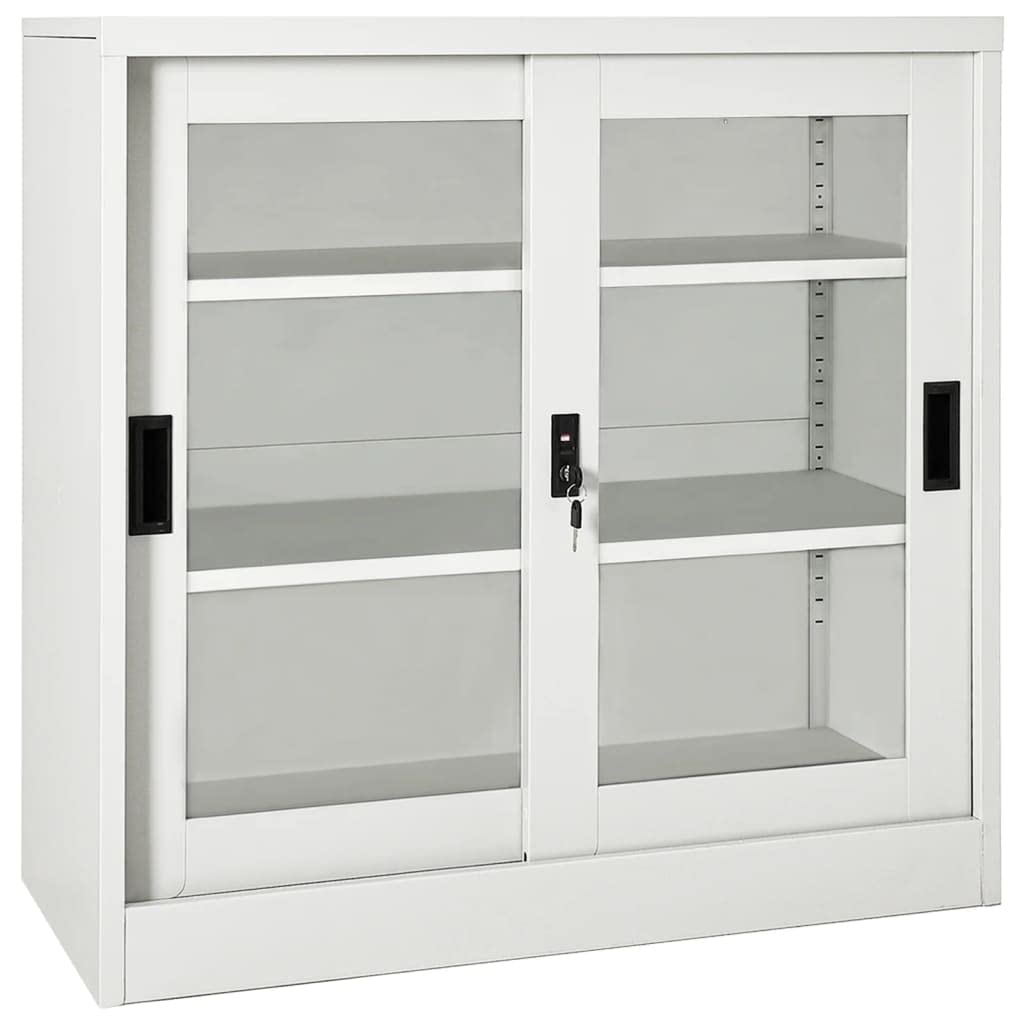 Steel Storage Cabinet with Tempered Glass Sliding Door & Lock - Adjustable Shelves Metal File Cabinet for Home Office, Garage, Workshop - 35.4