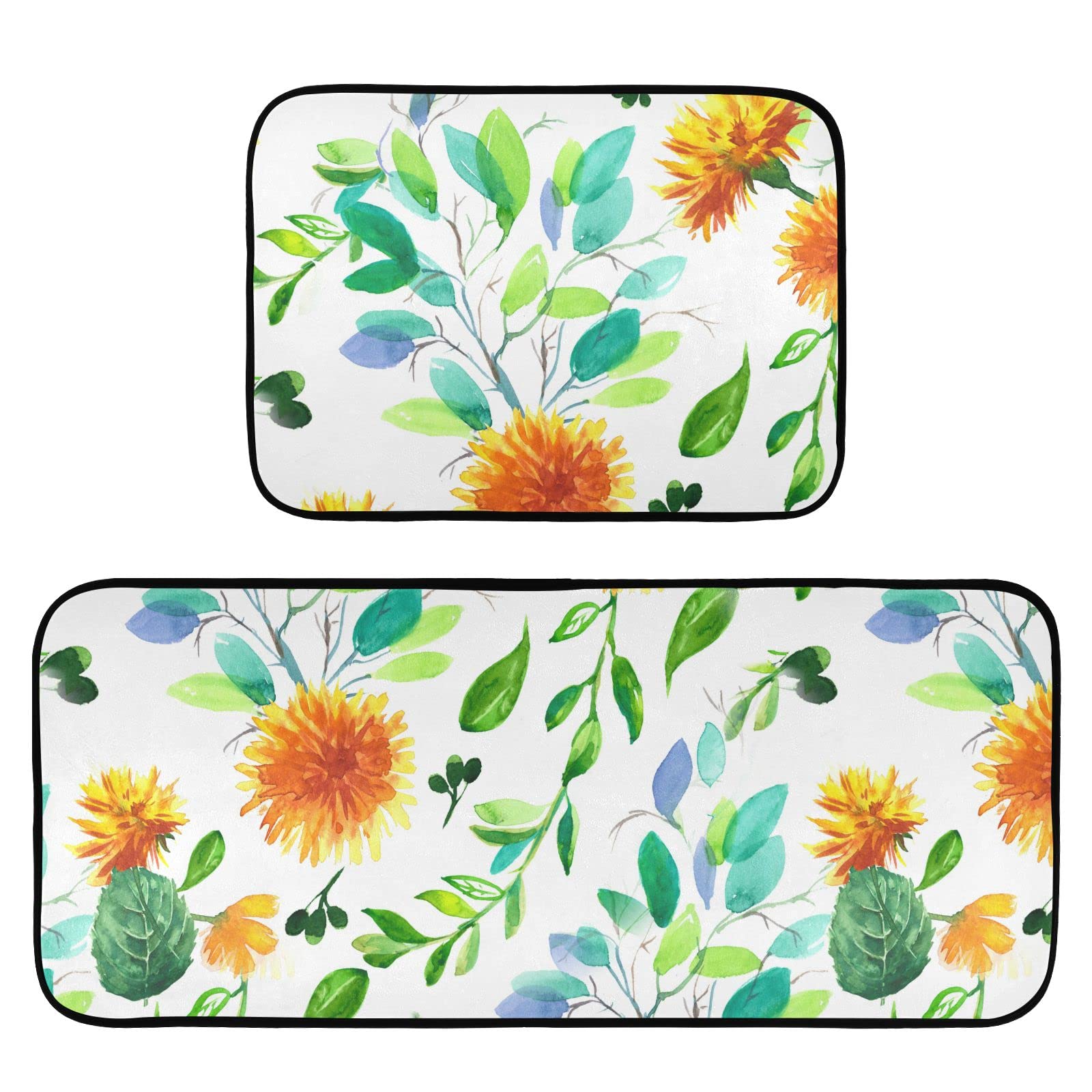 Anti-Fatigue Kitchen Rug Set of 2 - Washable Non-Slip Cushioned Foam Mats for Standing Comfort | Dandelion Flower Design Farmhouse Style | Perfect for Kitchen, Laundry Room & Entryway