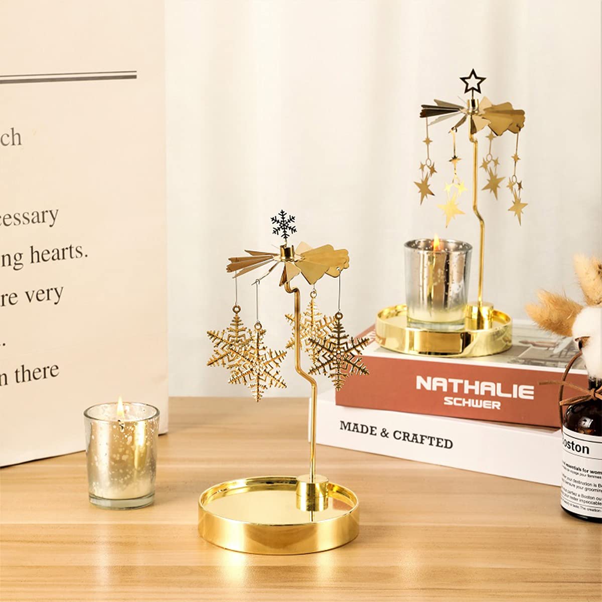 Rotating Candle Holder with Deer Design - Elegant Spinning Candlestick Set for Romantic Weddings, Christmas Decor, Fireplace & Table Centerpiece - Perfect Holiday Gift for Candle Lovers (Snowflake Theme) - Creates Cozy Ambiance for Dinner Parties, Relaxing Baths & Winter Evenings
