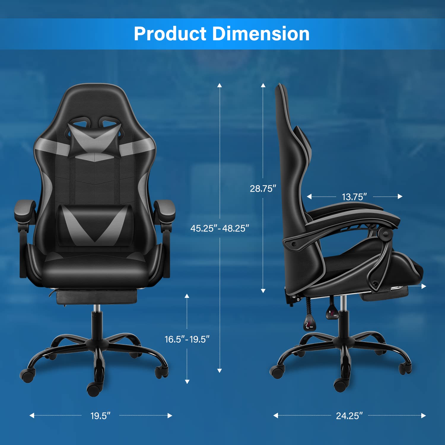 Premium Gaming Chair with Footrest - Big & Tall Ergonomic Racing Style Office Chair - Adjustable Swivel Seat with Headrest & Lumbar Support - Perfect for PC Gaming, Streaming & Home Office Work