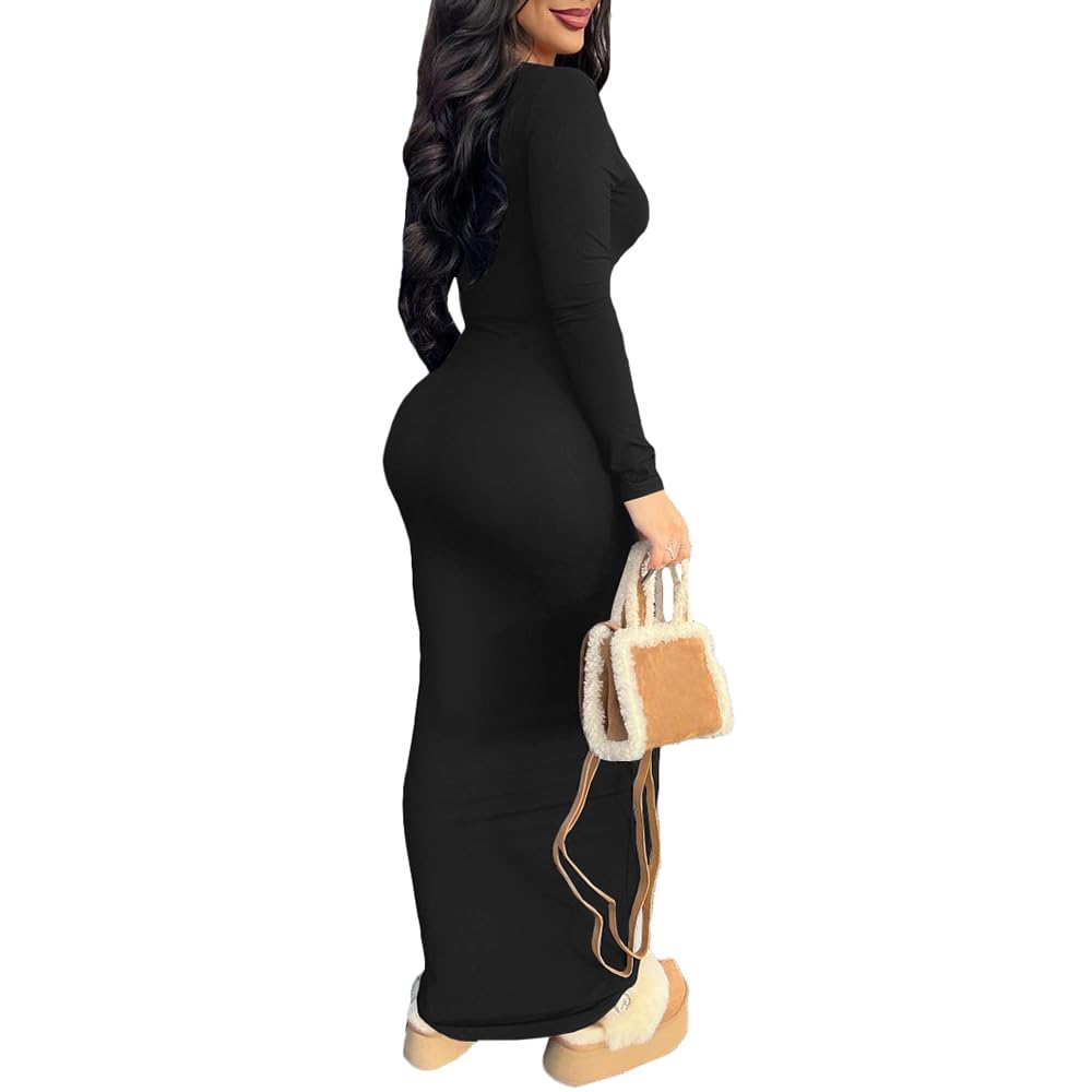 PINSV Women's Bodycon Maxi Dress - Scoop Neck Long Sleeve Wrap Dress for Casual Wear, Party & Date Night | Flattering Stretchy Fabric for Comfort & Style