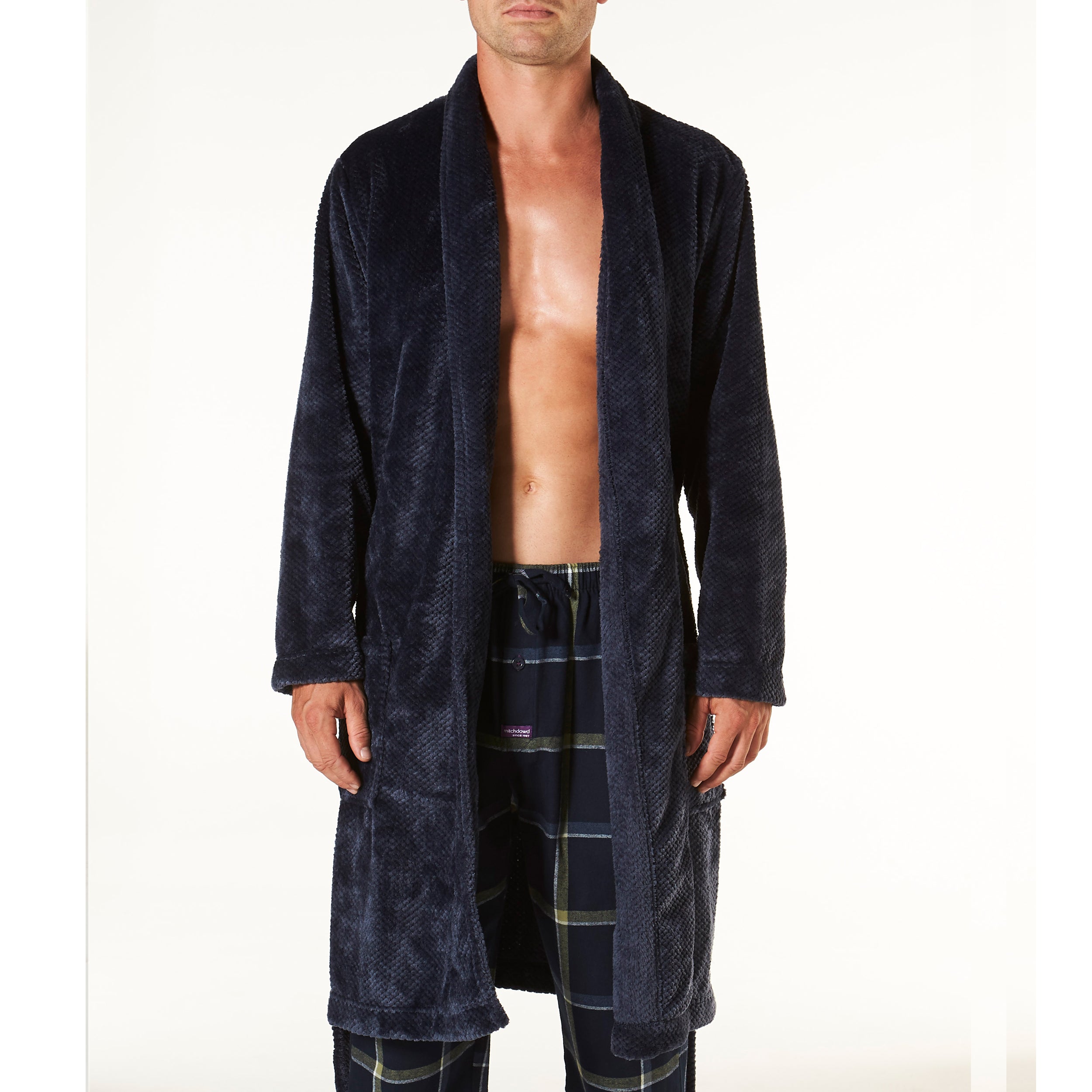 Men's Waffle Texture Coral Fleece Robe - Soft & Warm Navy Blue Bathrobe for Winter - Perfect for Lounging, Spa Days & Cozy Evenings at Home
