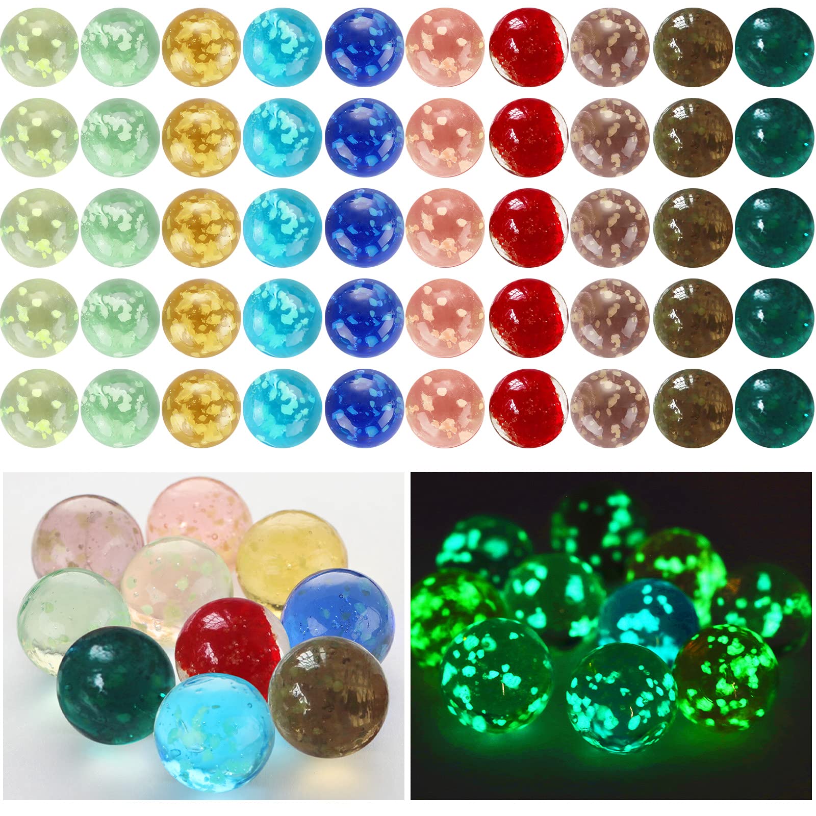 Skylety 50-Piece Glow in The Dark Glass Marbles Set - Handmade Colorful Marbles for Kids Games, DIY Crafts & Home Decor (10 Vibrant Colors) - Perfect for Nighttime Play, Marble Runs, Sensory Bins & Party Favors
