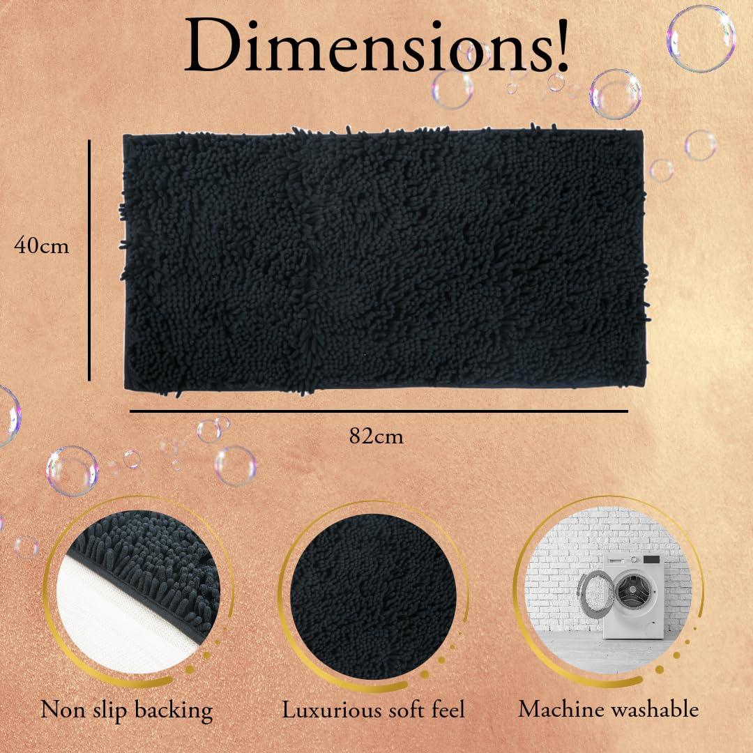 AIREEFAIREE Super Soft Chenille & Foam Bath Mat - Non-Slip, Washable Bathroom Rug for Shower, Toilet & Vanity - Black
