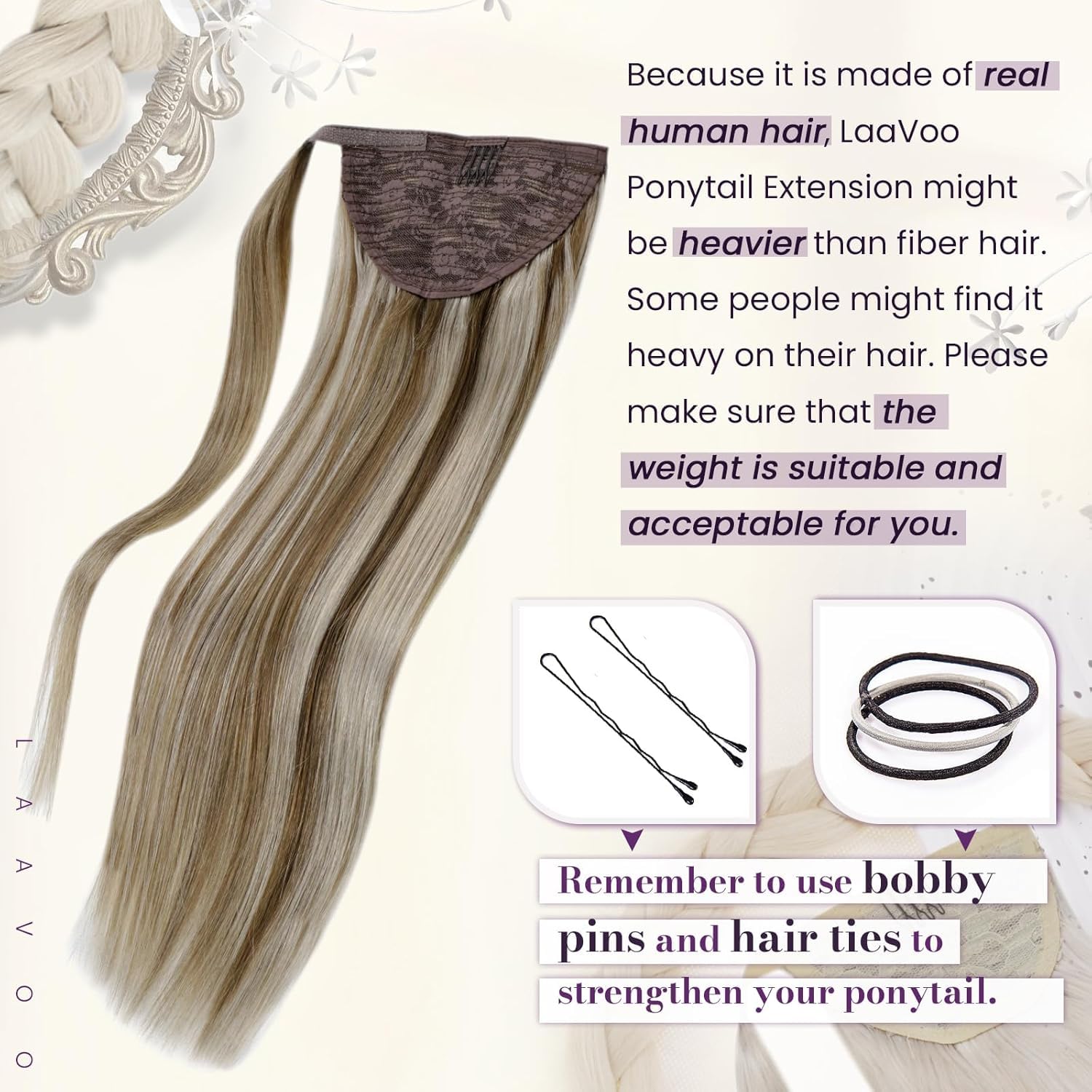 LaaVoo 20 Inch Clip-in Ponytail Hair Extensions - 80g Real Human Hair with Golden Brown & Light Blonde Highlights | Wrap Around Ponytail for Daily Wear, Parties & Special Occasions