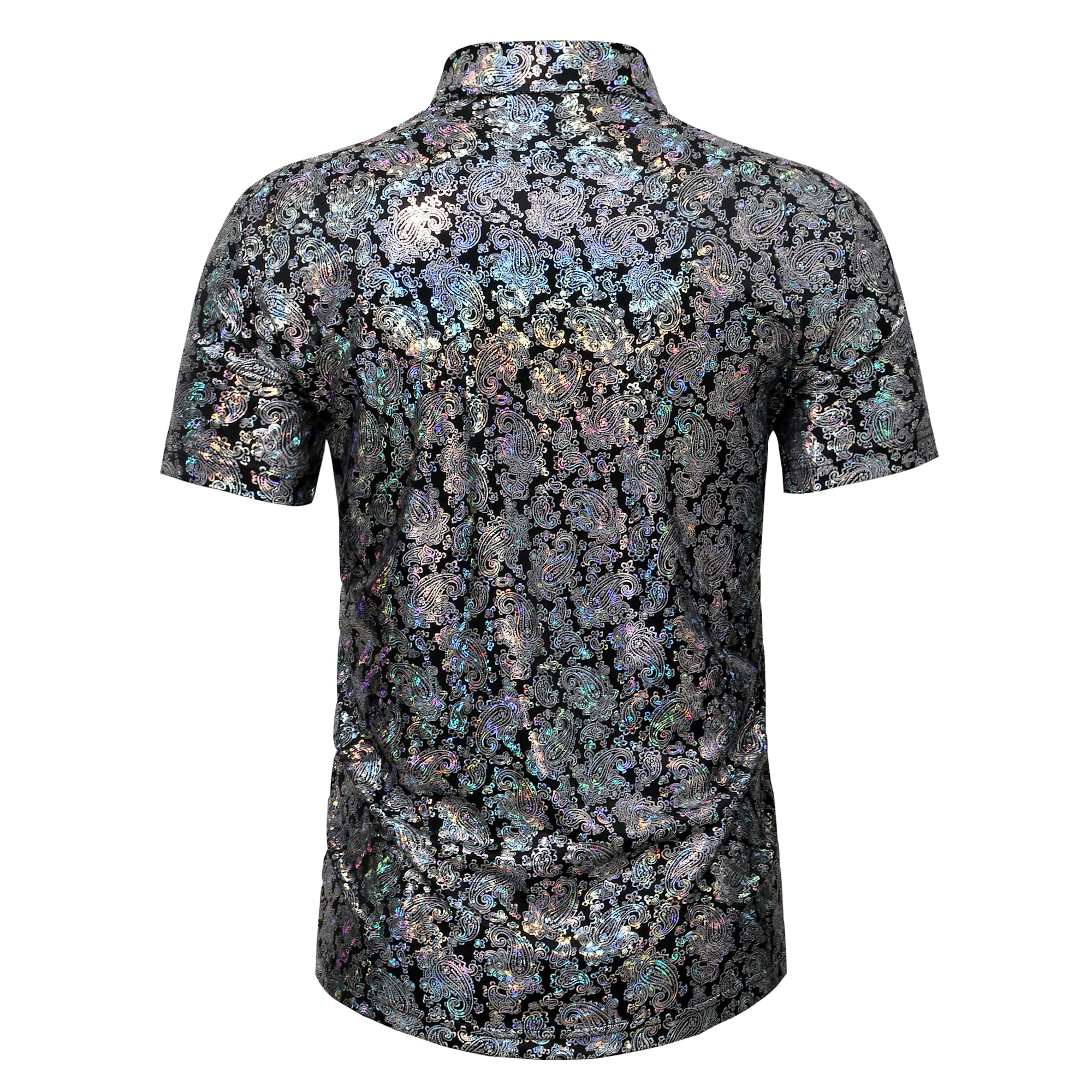 WULFUL Men's Disco Shirt with Sequins - Short Sleeve Button Down 70s Party Shirt for Costume, Nightclub, and Themed Events - Retro Glam Fashion for Halloween & Dance Parties