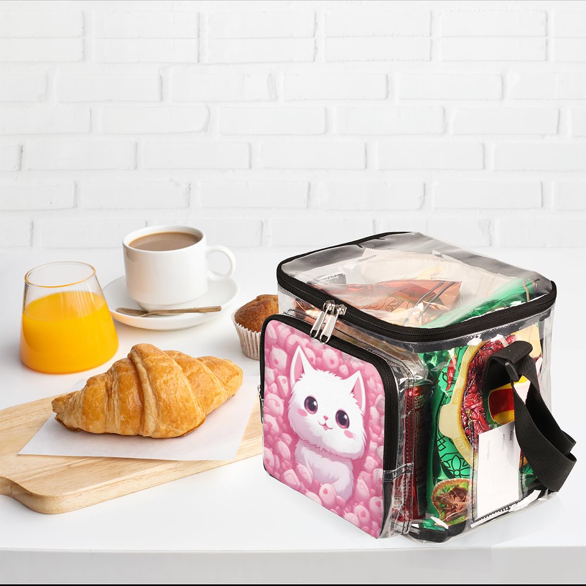 GzLeyigou Pink Cute Kitten Clear Tote Bag with Handles - Transparent Crossbody Shoulder Purse for Women, White Cat Design Lunch Bag | Perfect for Outdoor Travel, Picnic, Concerts, Sports Events & Stadium Approved | Waterproof & Lightweight Daily Essentials Carrier