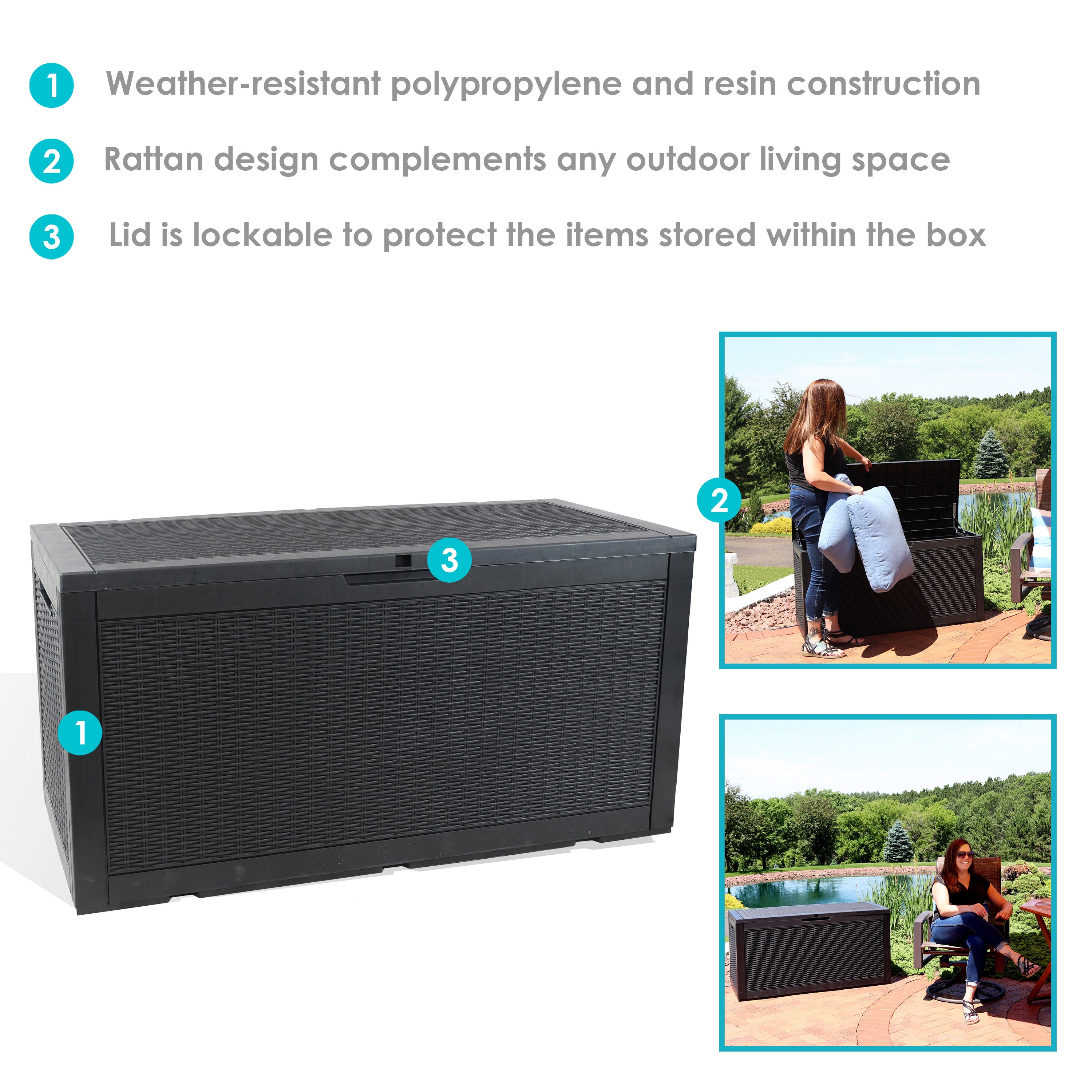 Lockable 100 Gallon Outdoor Deck Storage Box - Waterproof Faux Rattan Design by Sunnydaze - Perfect for Patio, Garden & Poolside Storage