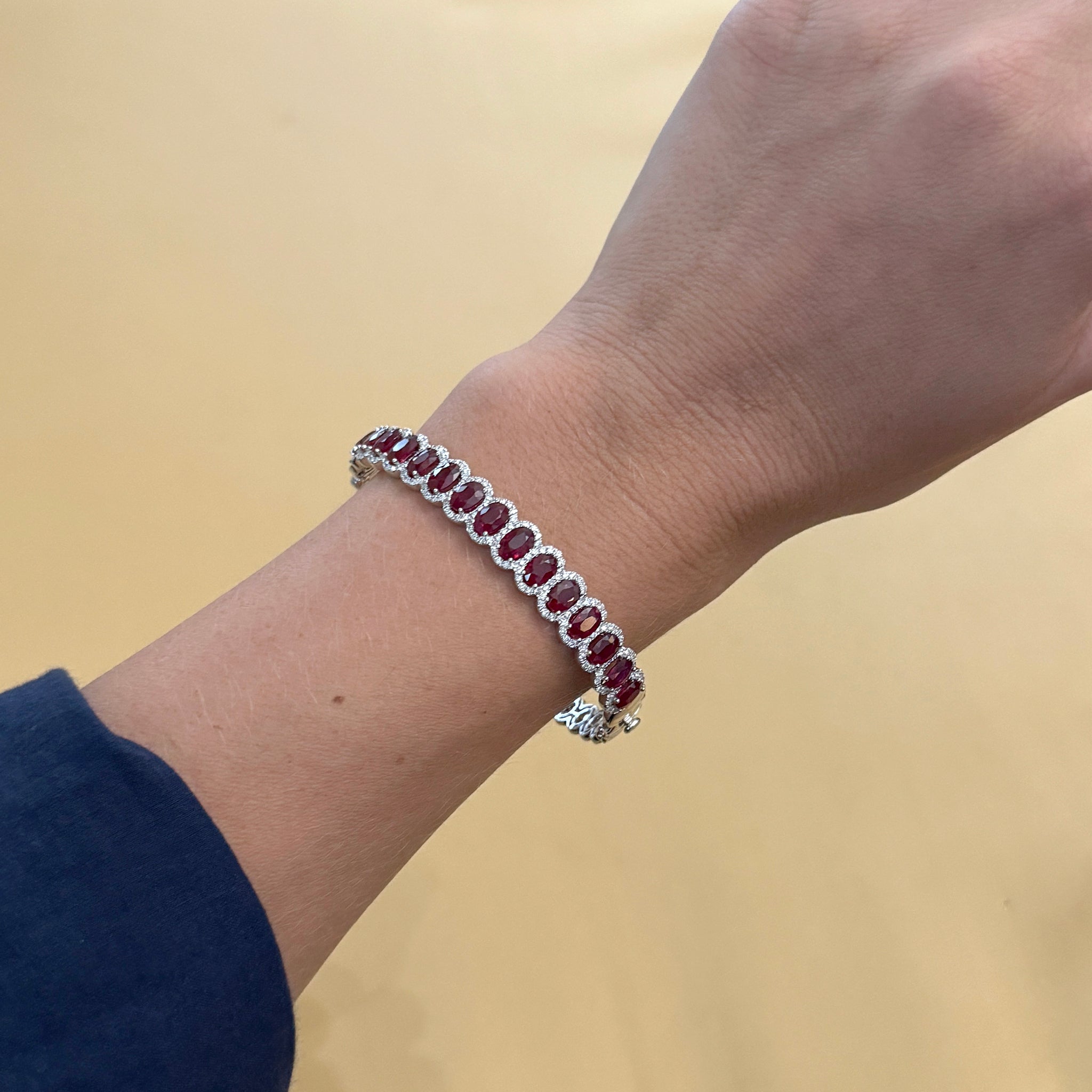 14K White Gold Oval Ruby & Diamond Halo Bangle Bracelet - Elegant Jewelry Gift for Women, Perfect for Weddings, Anniversaries & Special Occasions