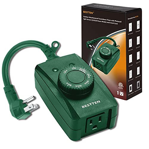 BESTTEN Outdoor Timer with Photocell Sensor - Dusk to Dawn Countdown Timer, Weatherproof Grounded Outlet for Christmas Lights & Landscape Lighting (Green, ETL Certified) - Perfect for Holiday Decorations, Garden Lights & Patio Illumination