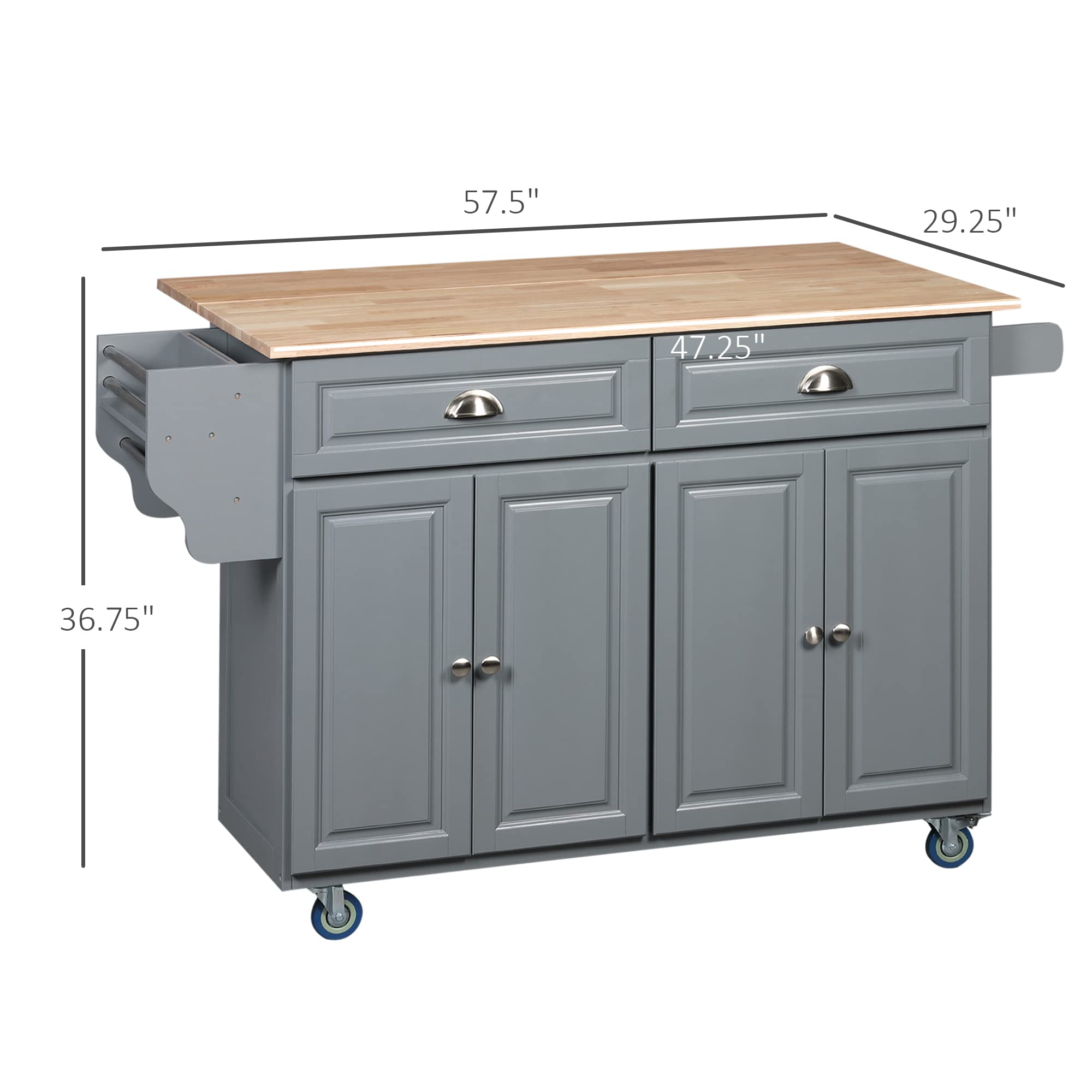 HOMCOM Rolling Kitchen Island Cart with Drop Leaf - Mobile Kitchen Cart with Rubber Wood Top, 2 Drawers & 2 Storage Cabinets - Versatile Island Table for Small Kitchen, Dining Room & Apartment - Space-Saving Dark Gray Kitchen Organizer for Cooking, Baking & Entertaining