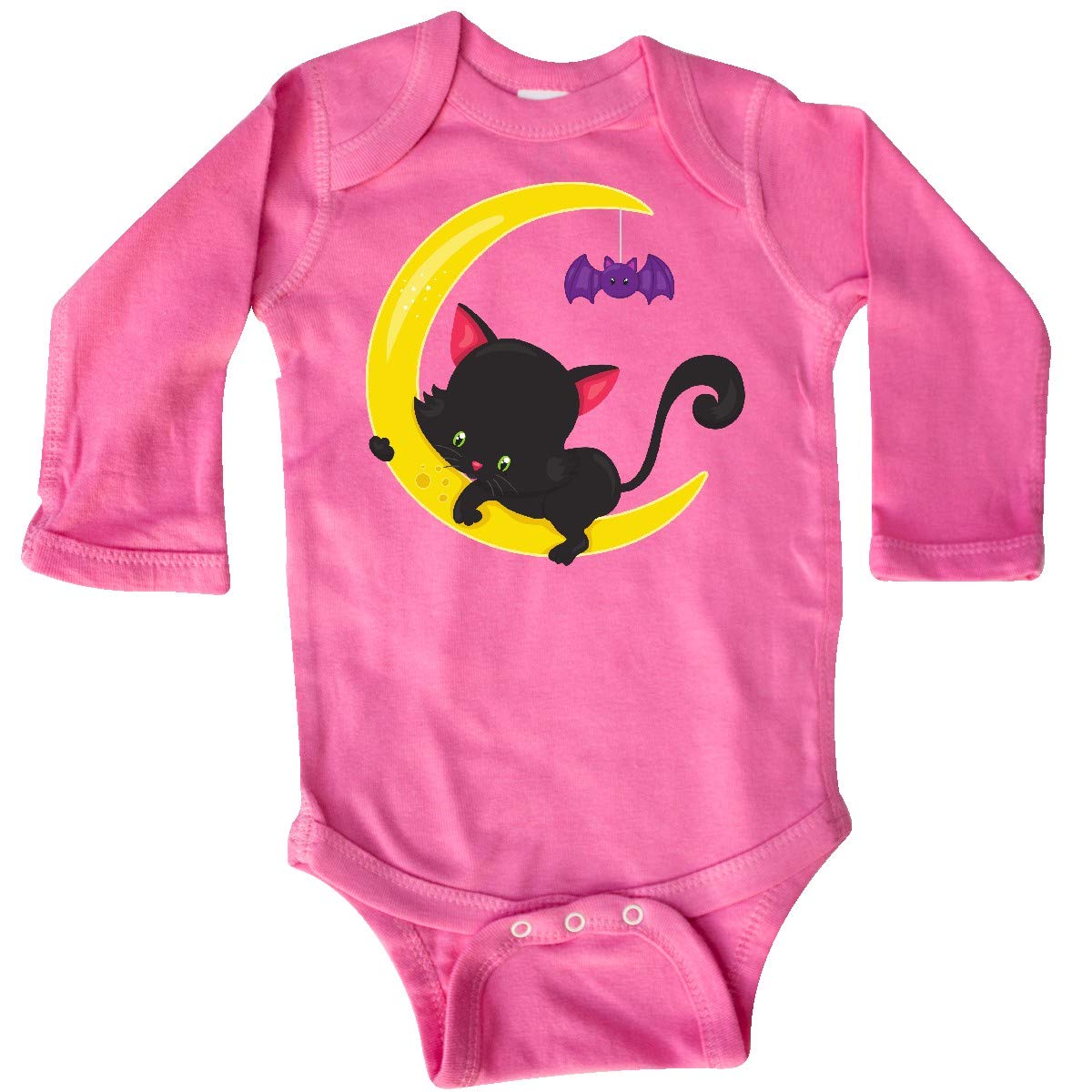 Inktastic Halloween Cat Long Sleeve Creeper - Cute Black Cat with Moon & Bat Design | Perfect for Halloween Costumes, Fall Fashion & Spooky Party Outfits