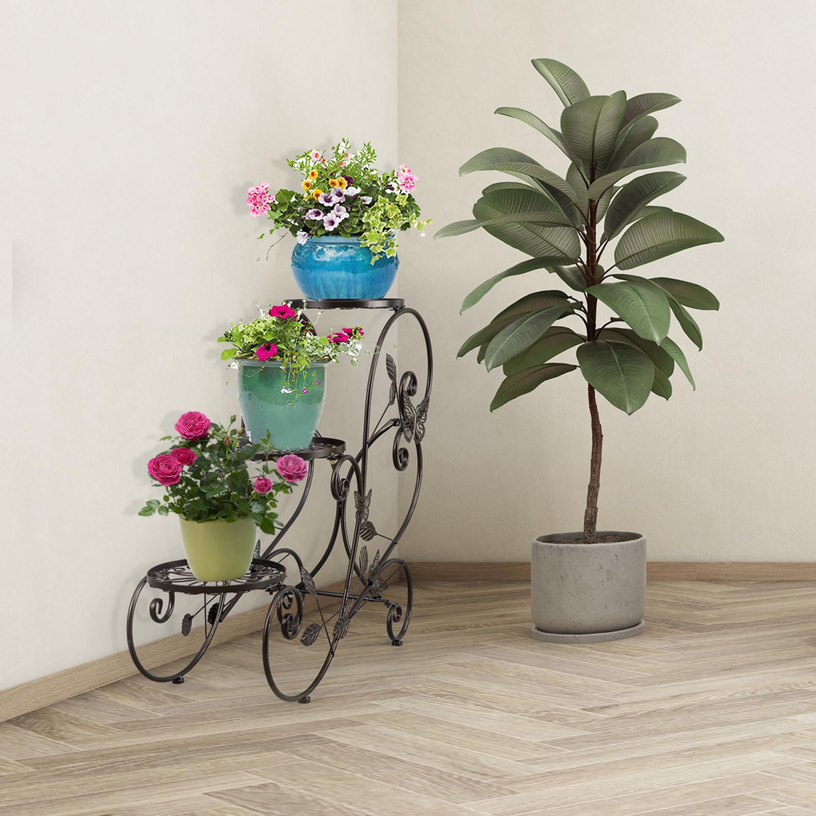 3 Tier Metal Garden Plant Stand - Indoor Outdoor Flower Pot Holder Display Rack for Patio, Living Room, Balcony & Bedroom | Durable Metal Plant Shelf for Home Decor & Gardening