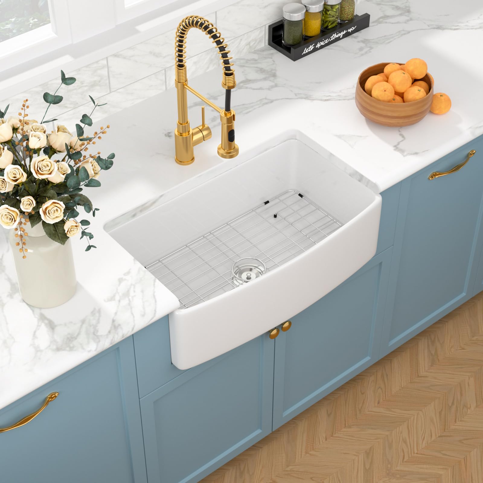 33 Inch White Farmhouse Kitchen Sink - Curved Apron Front Single Bowl Ceramic Porcelain Sink for Modern & Rustic Kitchens | Perfect for Cooking, Washing Dishes & Food Prep