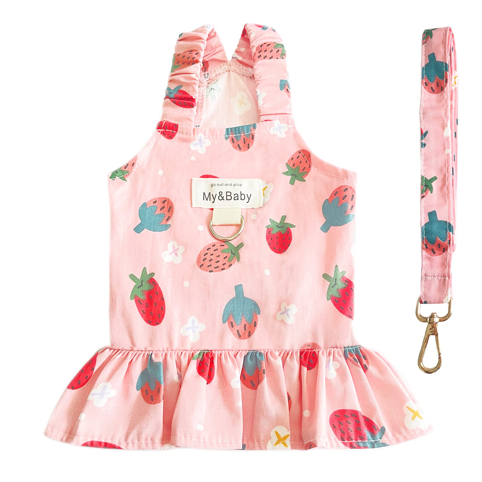 Cute Princess Birthday Dog Dress Harness and Leash Set - Soft Fruit Print Puppy Outfit for Small Dogs & Cats - Perfect for Chihuahua, Yorkie, Shih Tzu (Pink Strawberry, Small) - Ideal for Birthday Parties, Photo Shoots & Daily Walks