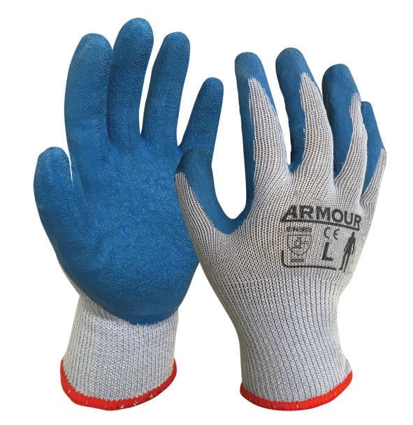 Armour Blue & Grey Latex Open Back Gloves - 12 Pairs Multipurpose Work Gloves for Cleaning, Gardening, and Food Handling