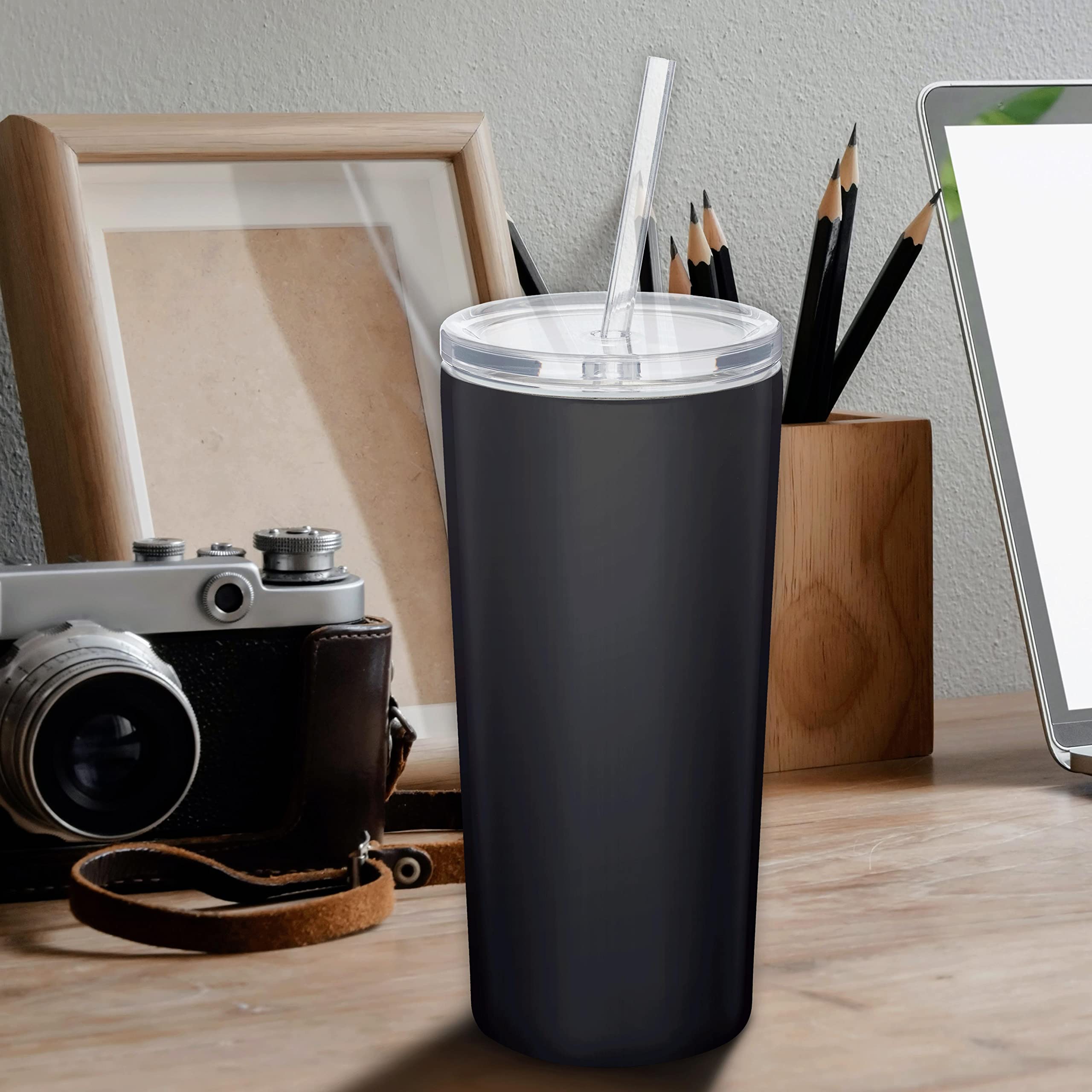 6 Pack Mira Stainless Steel Tumblers with Straws - 16oz Double Wall Insulated Cups - Custom Text/Logo - Tritan Lid - Black - Perfect for Office, Gym & Outdoor Activities