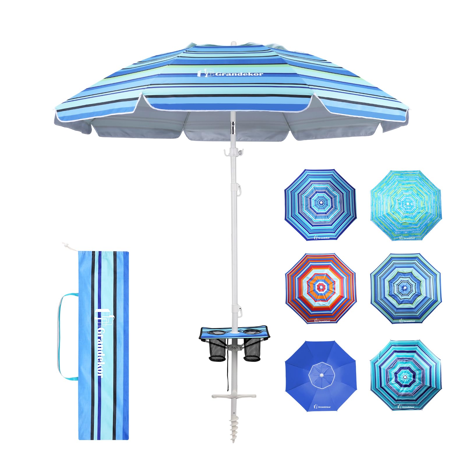 Grandekor 7FT Heavy Duty Windproof Beach Umbrella with Sand Anchor - Portable UV 50+ Sun Shade with Carry Bag & Side Table - Perfect for Beach, Pool, Backyard, and Outdoor Travel Adventures