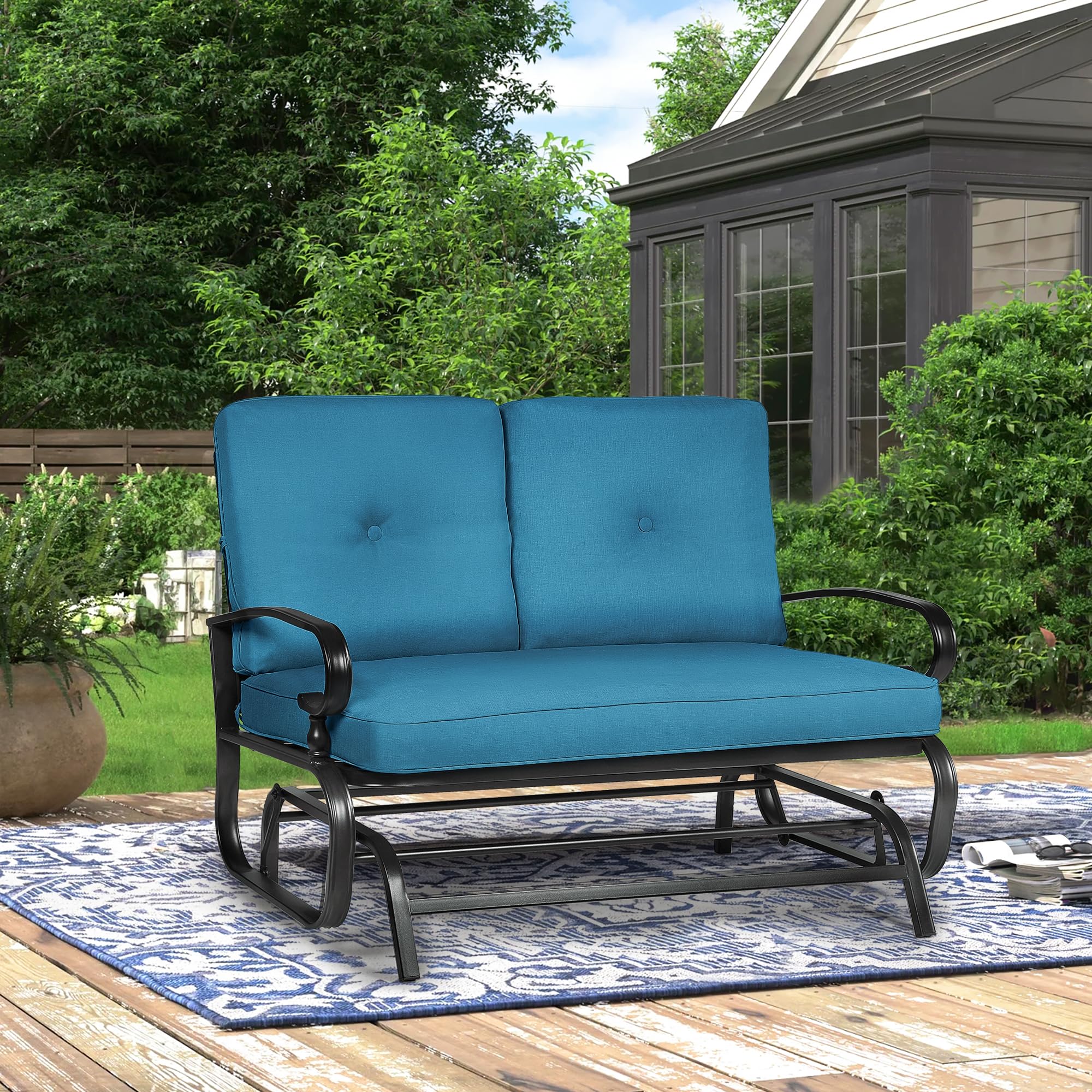 Outdoor Bench Patio Swing Glider Loveseat - 2 Seats Wrought Iron Rocking Chair with Blue Cushion - Perfect for Garden, Backyard, Porch, and Patio Relaxation