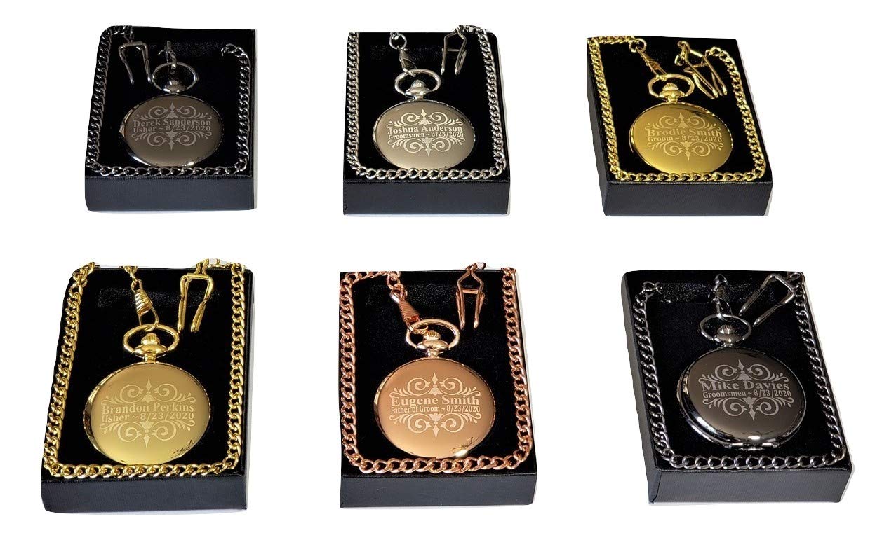 ETERNITY 4 Engraved Wedding Pocket Watches Set - Customized with Names/Dates, Includes 4 Watches, Chains & Gift Box - Perfect for Anniversaries, Bridal Party Gifts & Vintage-Themed Weddings