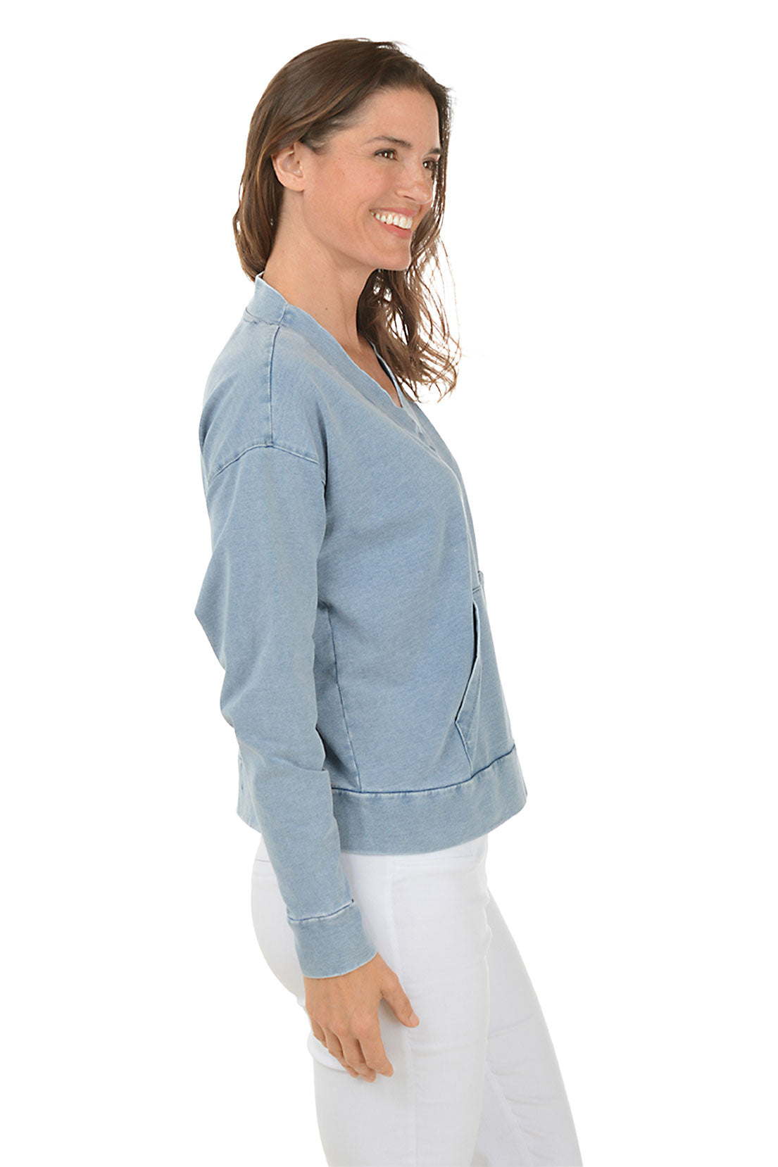 Stylish Denim French Terry V-Neck Sweatshirt for Women | Comfortable Casual Pullover | Perfect for Layering, Lounging & Everyday Wear