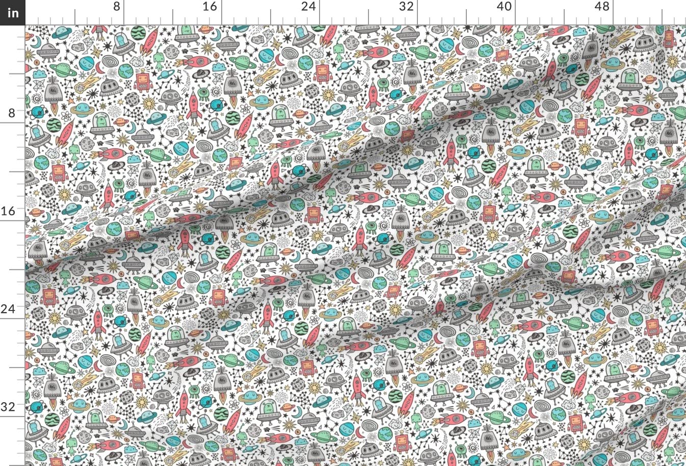 Space Galaxy Universe Doodle Planets Robots & Stars Printed Velvet Upholstery Fabric by The Yard - Home Decor, DIY Upholstery, Apparel & Craft Projects - Perfect for Curtains, Pillows, Dresses & Space-Themed Decorations