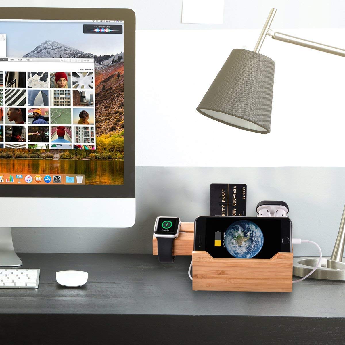 Bamboo 3-Port USB Charging Station Dock - Fast Charger Hub for iPhone 13/12/11 Pro Max/XS/X/8 Plus, Apple Watch Series 2/3/4 (38mm & 42mm), AirPods & Samsung Phones - Perfect for Home Office Desk Organization & Multi-Device Charging