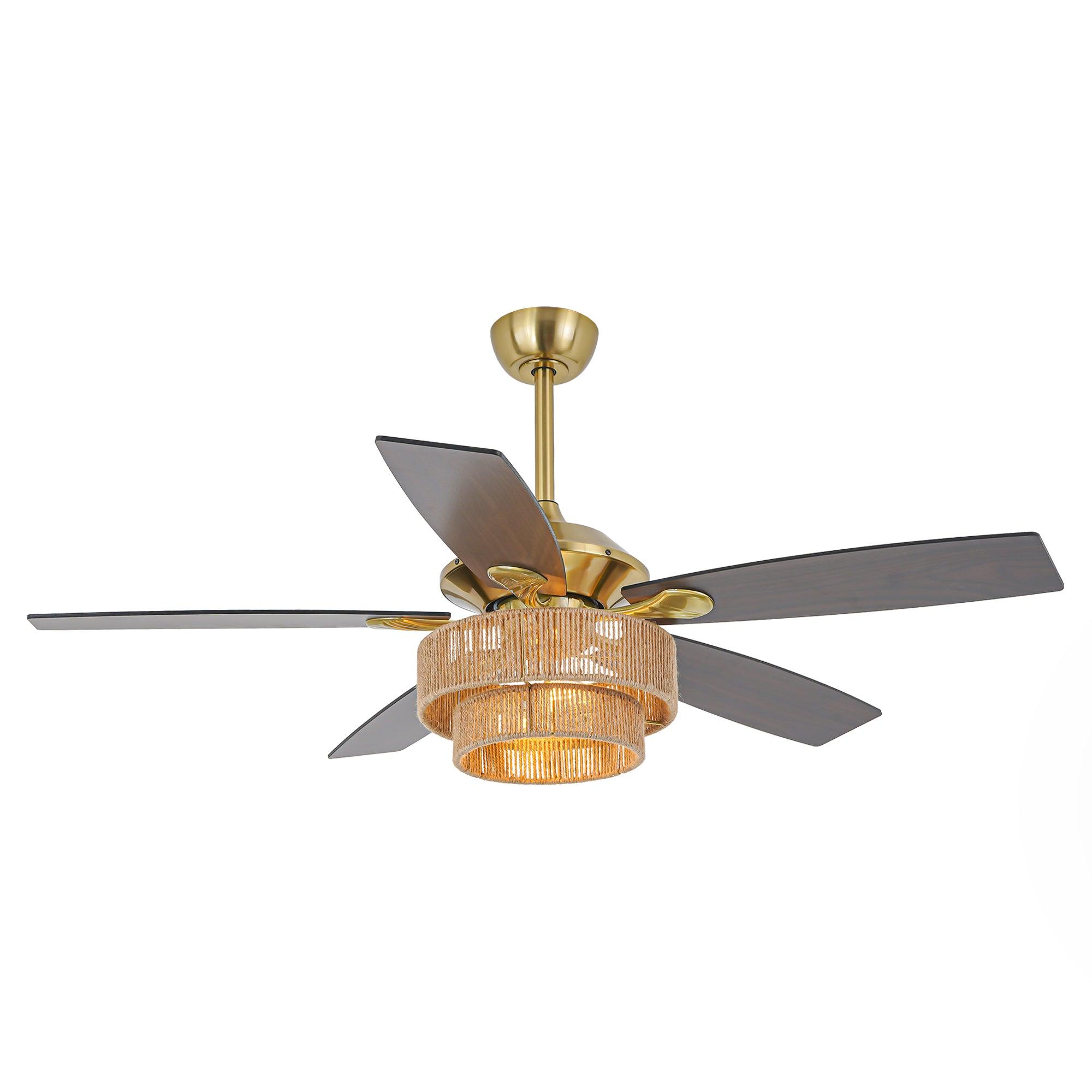 52 Inch Danube Farmhouse Style Ceiling Fan with DC Motor, Golden Downrod & Integrated Light Kit - Perfect for Living Rooms, Bedrooms, and Outdoor Covered Patios