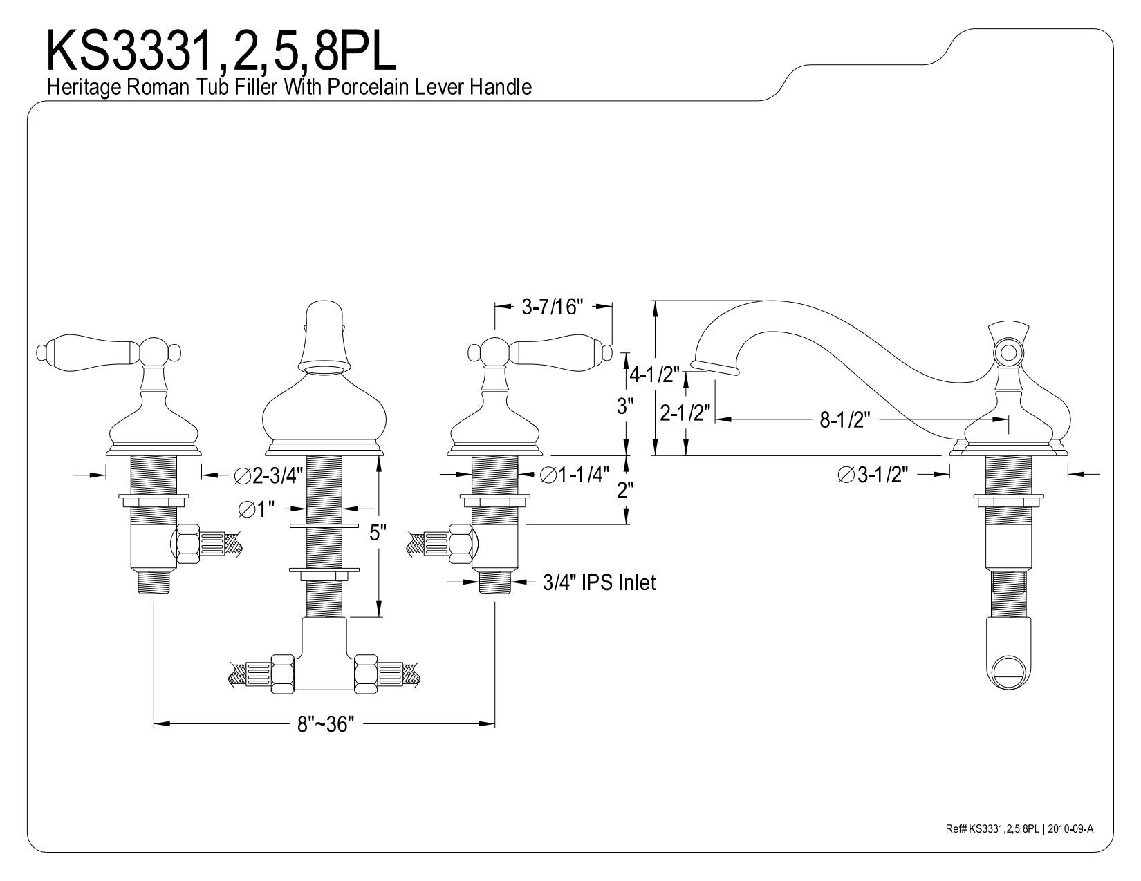 Kingston Brass KS3338PL Heritage Roman Tub Filler with Porcelain Lever Handle in Brushed Nickel - Perfect for Luxury Bathroom Renovations and Spa-Inspired Bathtubs