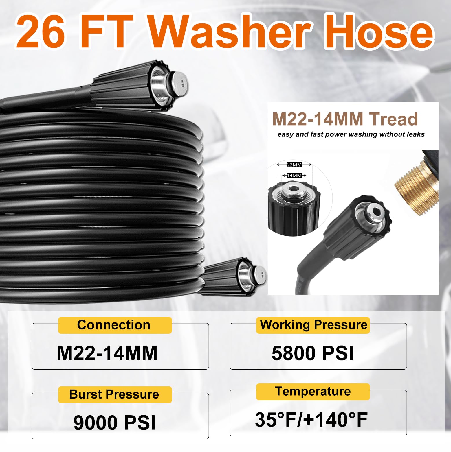 4000PSI Pressure Washer Gun Kit with 26FT Hose & Extension Wand - M22 Fitting, 5 Nozzle Tips for Gas/Electric Power Washers - 40