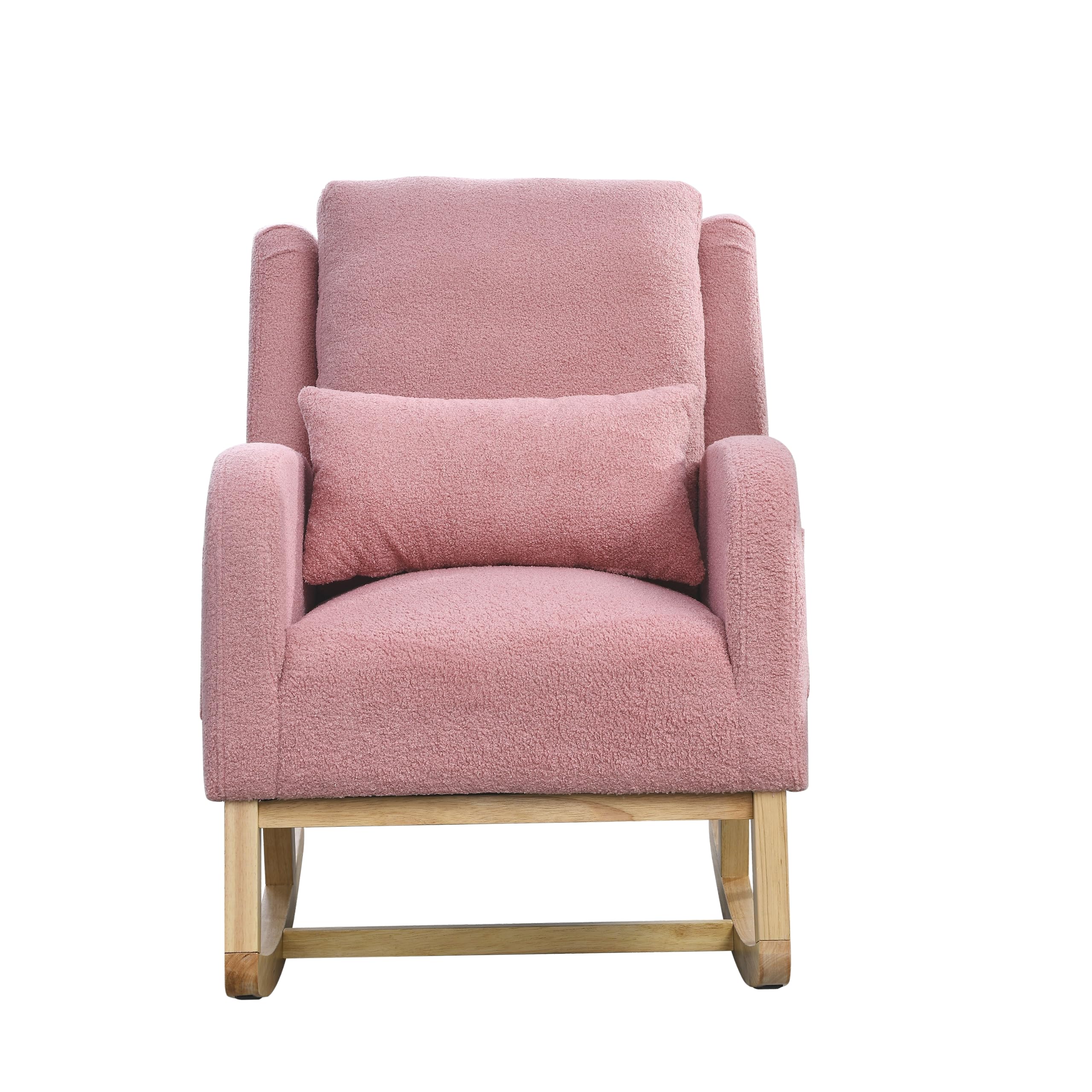 **Comfy Teddy Fabric Nursery Rocking Chair with Pillow & Side Pockets - Wingback Glider Armchair for Nursing, Living Room, Bedroom - Perfect for Relaxing & Breastfeeding (Pink)**